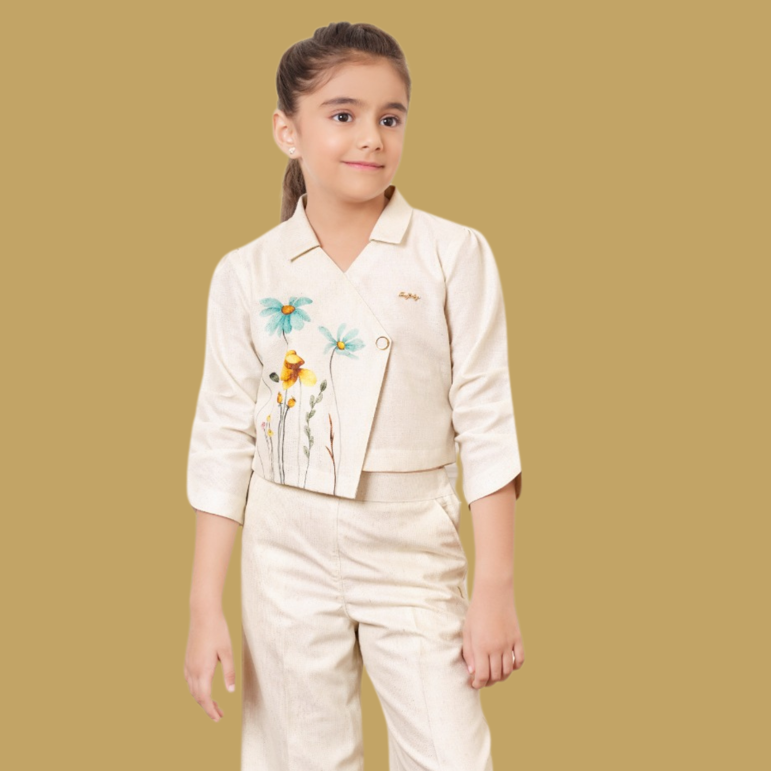 Tiny Baby Girls Beige Co-ord Set with Multicolor Digital Floral Print & Zari Weaving – Elegant Festive Wear (4–12 Years)