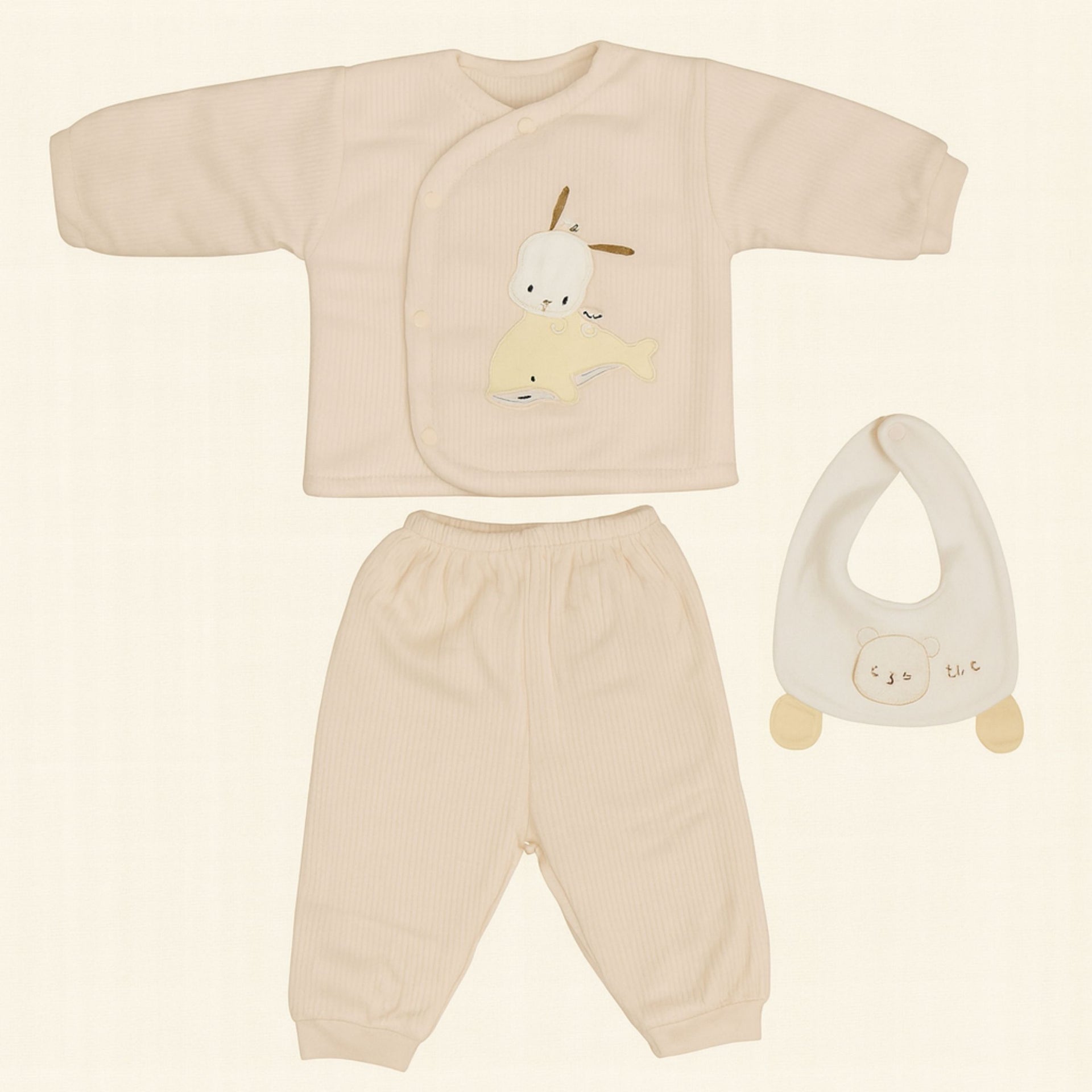 Smile Baby 3-Piece Winter Set for 0–1 Year | Soft Cotton Fleece Baby Outfit (Top, Pants & Bib) | Gentle Warm Wear for Infants – FAWN Color