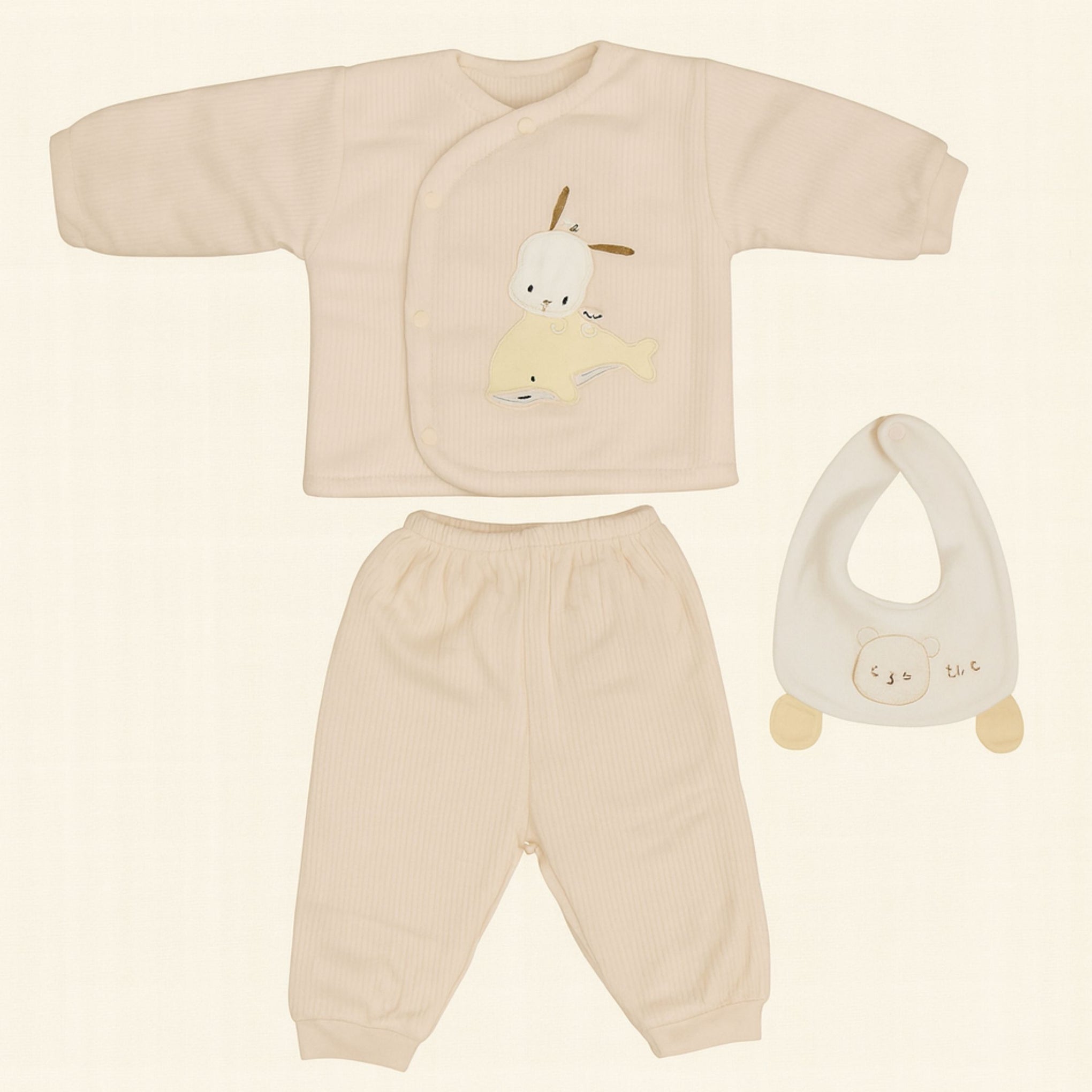 Smile Baby 3-Piece Winter Set for 0–1 Year | Soft Cotton Fleece Baby Outfit (Top, Pants & Bib) | Gentle Warm Wear for Infants – FAWN Color
