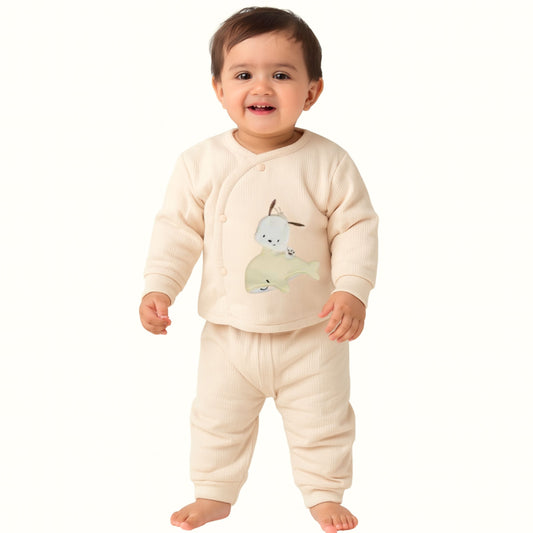 Smile Baby 3-Piece Winter Set for 0–1 Year | Soft Cotton Fleece Baby Outfit (Top, Pants & Bib) | Gentle Warm Wear for Infants – FAWN Color