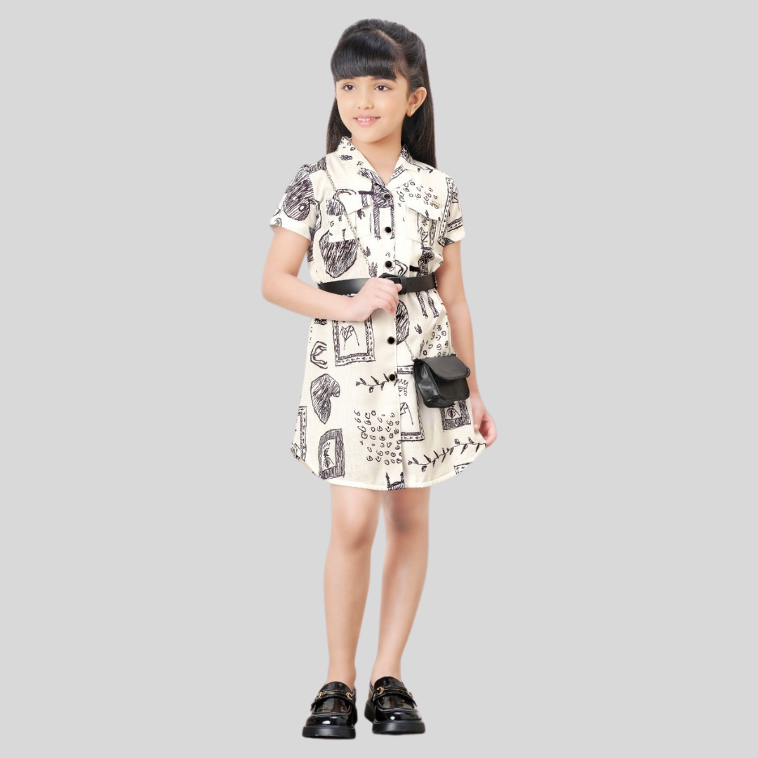Tiny Baby White Digital Print Casual Short Frock with Bag and Belt
