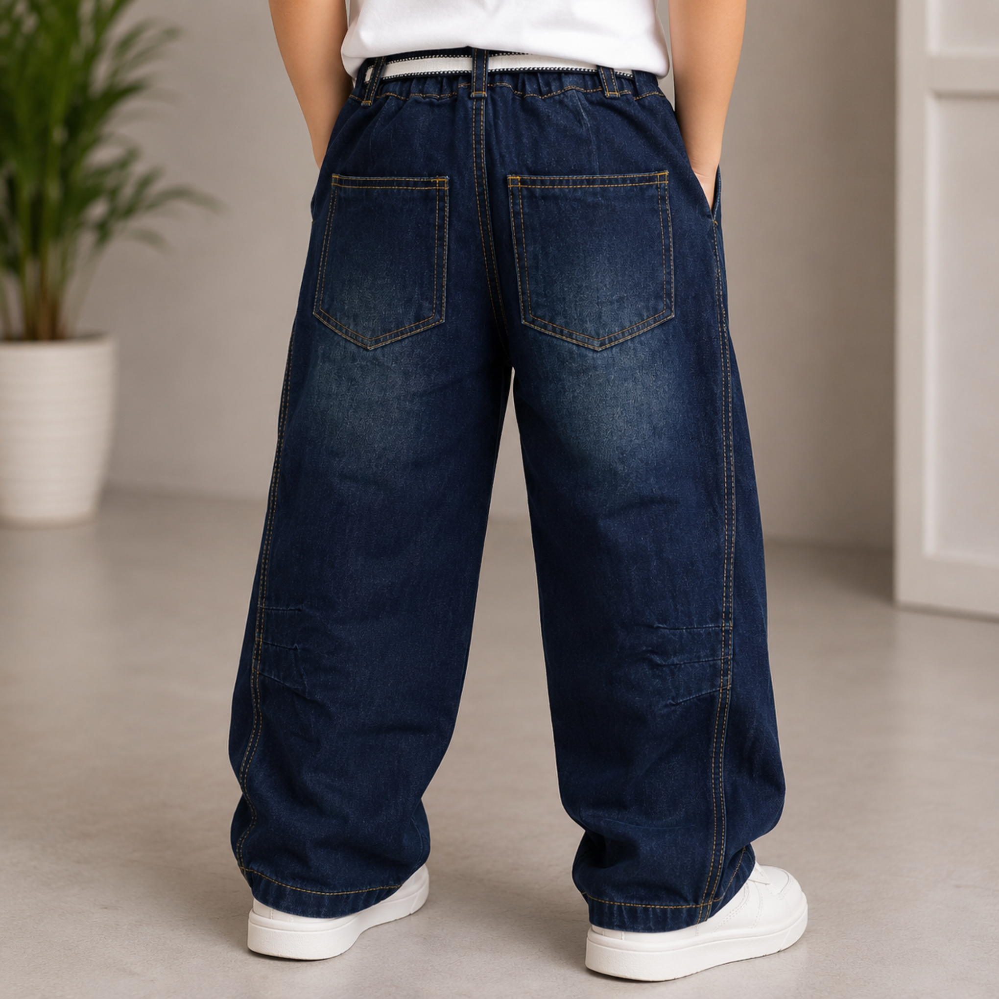 COOLEST Boys Baggy Denim Jeans | Relaxed Fit Cotton Blend Cargo Style Jeans with Elastic Waist & Belt | Dark Blue | 5–14+ Years