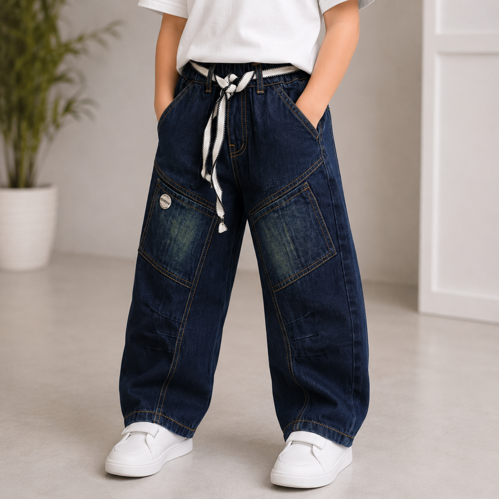COOLEST Boys Baggy Denim Jeans | Relaxed Fit Cotton Blend Cargo Style Jeans with Elastic Waist & Belt | Dark Blue | 5–14+ Years
