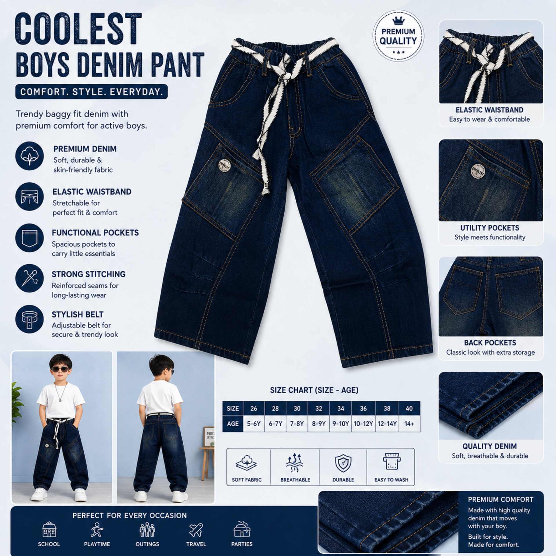 COOLEST Boys Baggy Denim Jeans | Relaxed Fit Cotton Blend Cargo Style Jeans with Elastic Waist & Belt | Dark Blue | 5–14+ Years