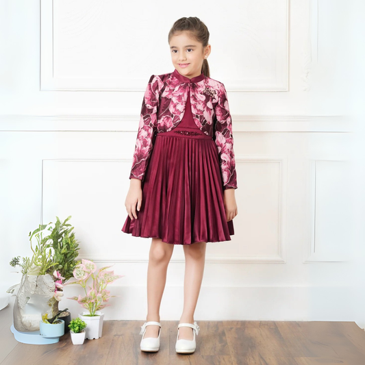 Tiny Baby Maroon Party Dress with Floral Jacket – Satin & Jacquard Girls Outfit
