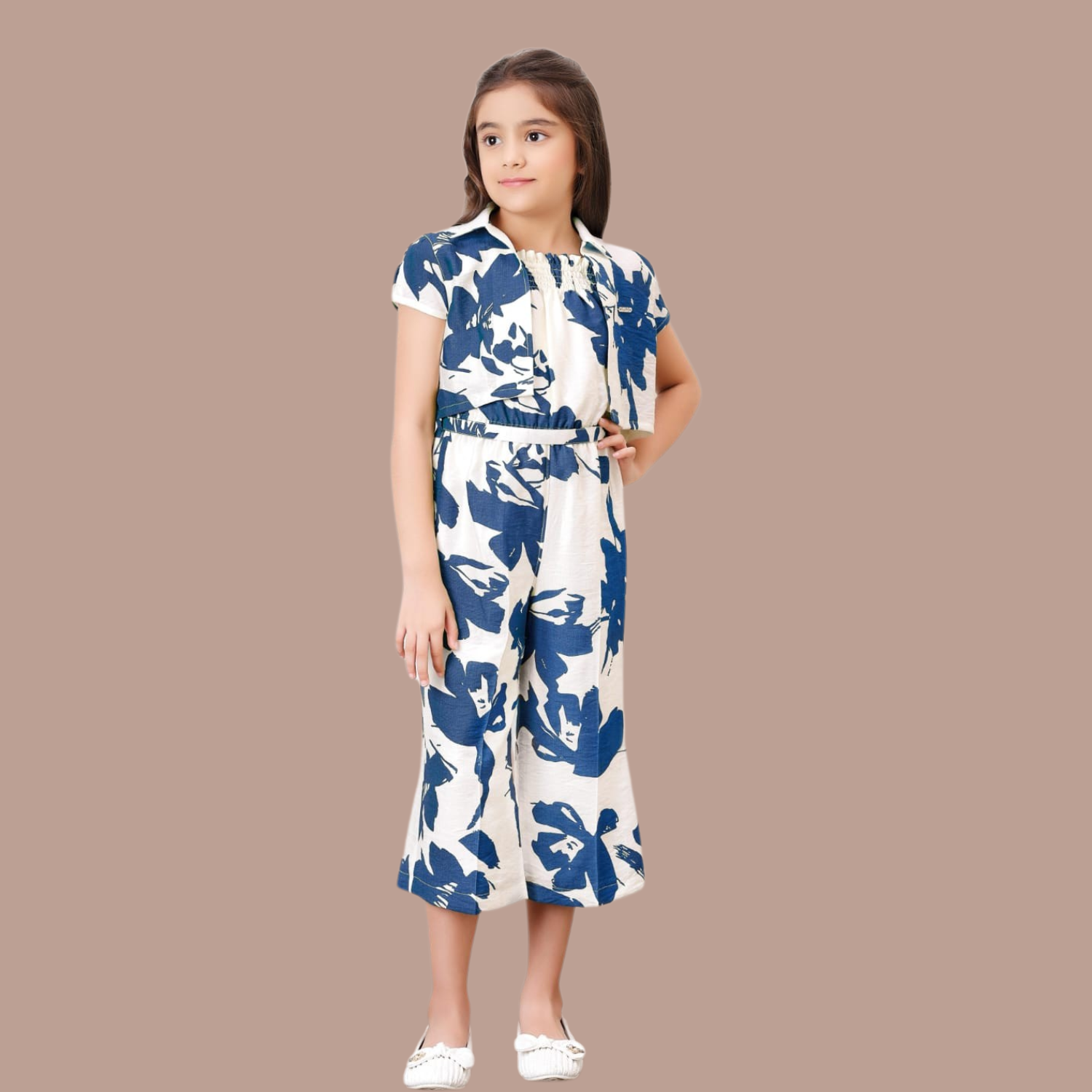 Tiny Baby Girls Blue & White Leaf Print Shrug Top with Jumpsuit – Stylish Summer Outfit (4–12 Years)