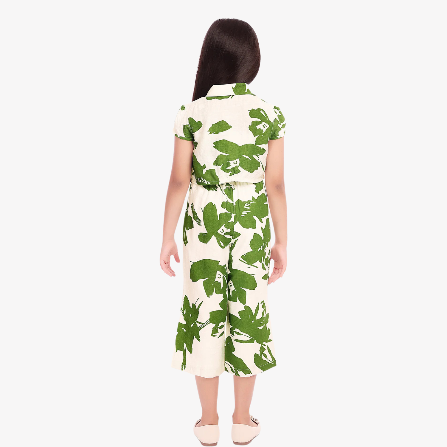 Tiny Baby Girls Green & White Leaf Print Shrug Top with Jumpsuit – Stylish Summer Outfit (4–12 Years)