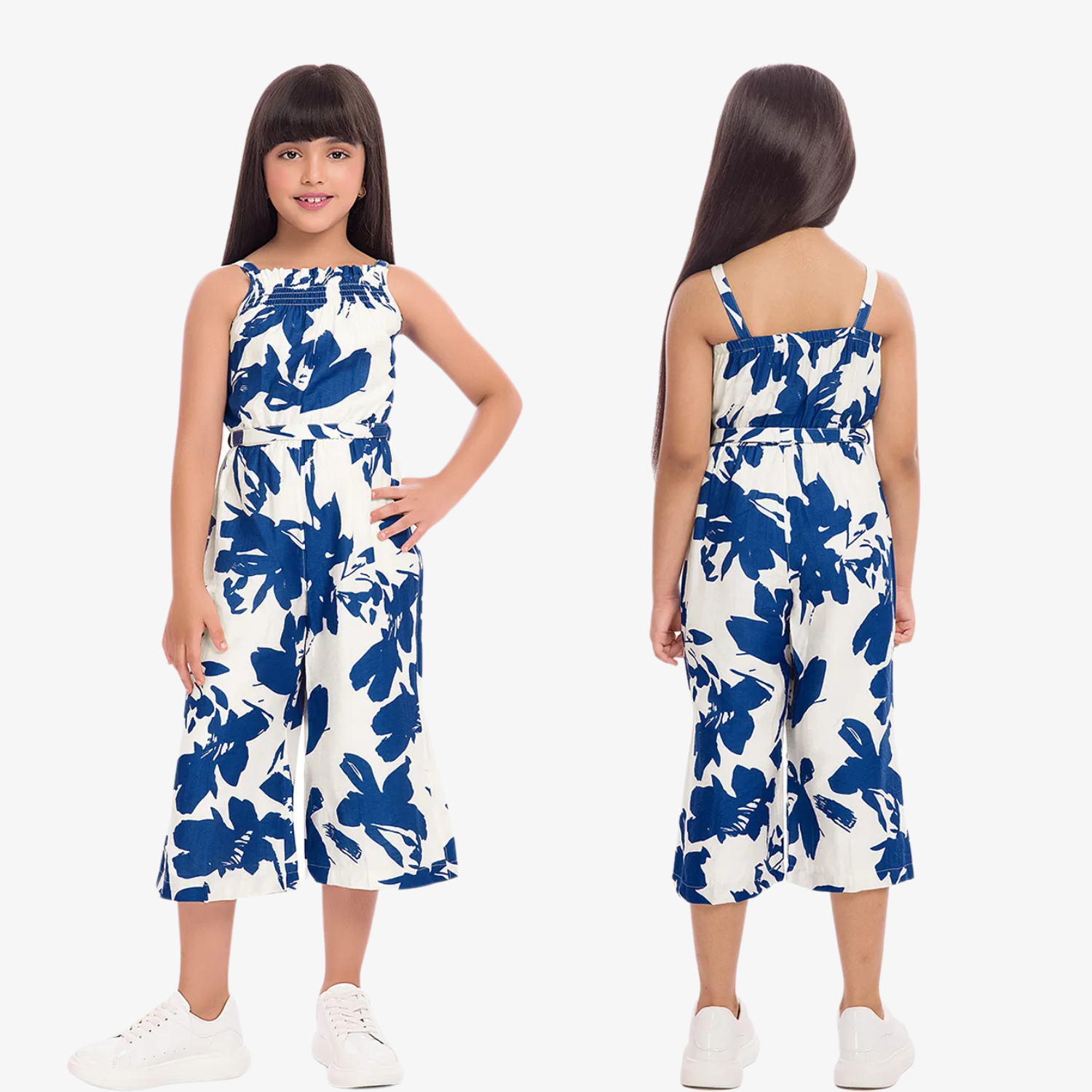 Tiny Baby Girls Blue & White Leaf Print Shrug Top with Jumpsuit – Stylish Summer Outfit (4–12 Years)