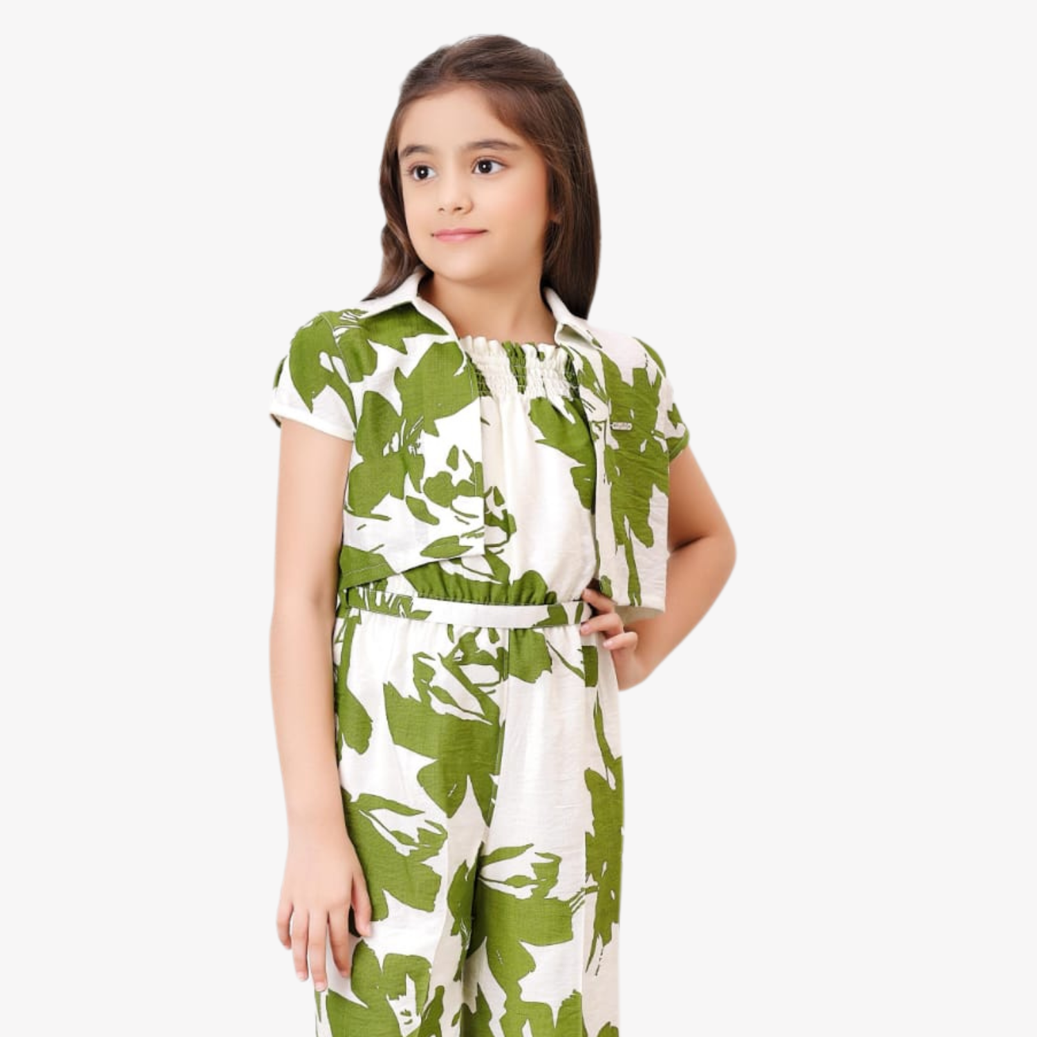 Tiny Baby Girls Green & White Leaf Print Shrug Top with Jumpsuit – Stylish Summer Outfit (4–12 Years)