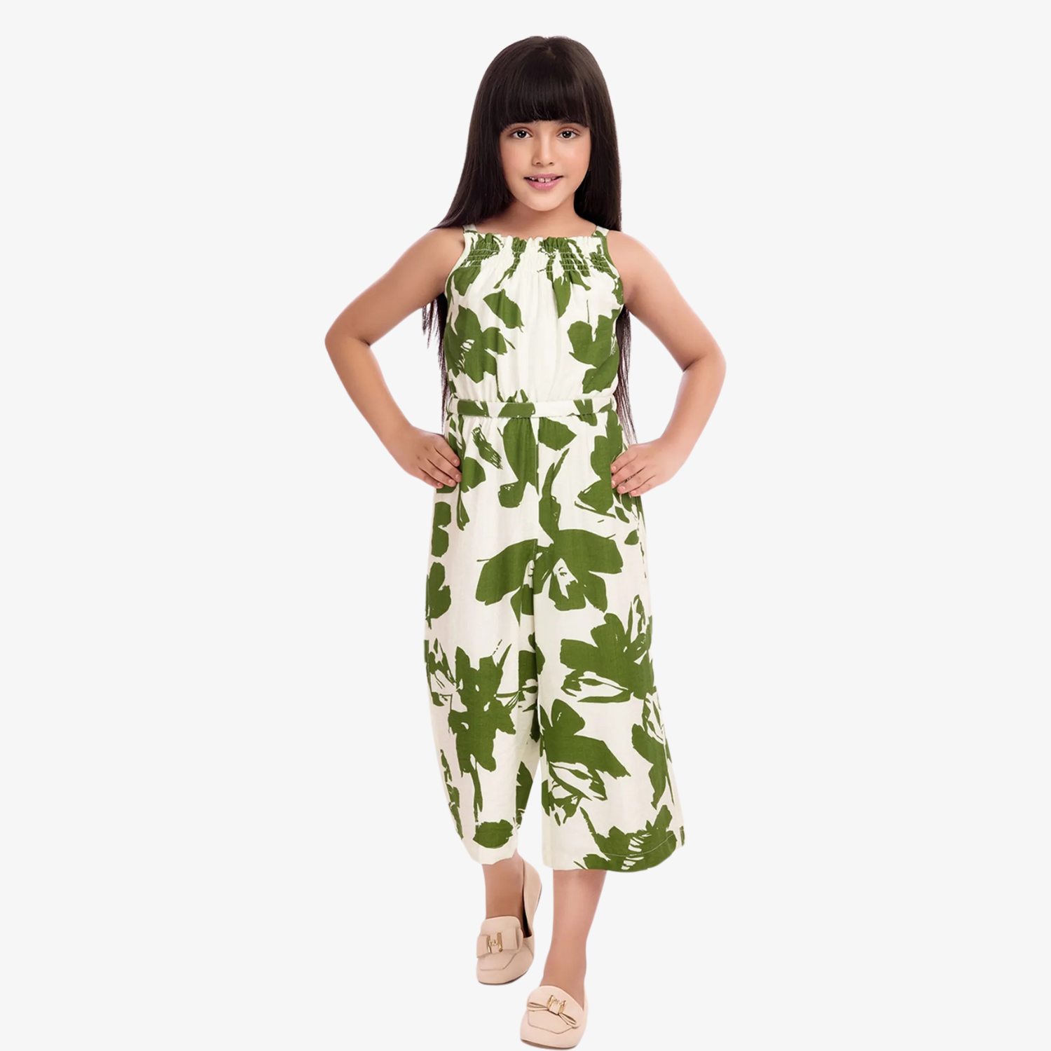 Tiny Baby Girls Green & White Leaf Print Shrug Top with Jumpsuit – Stylish Summer Outfit (4–12 Years)