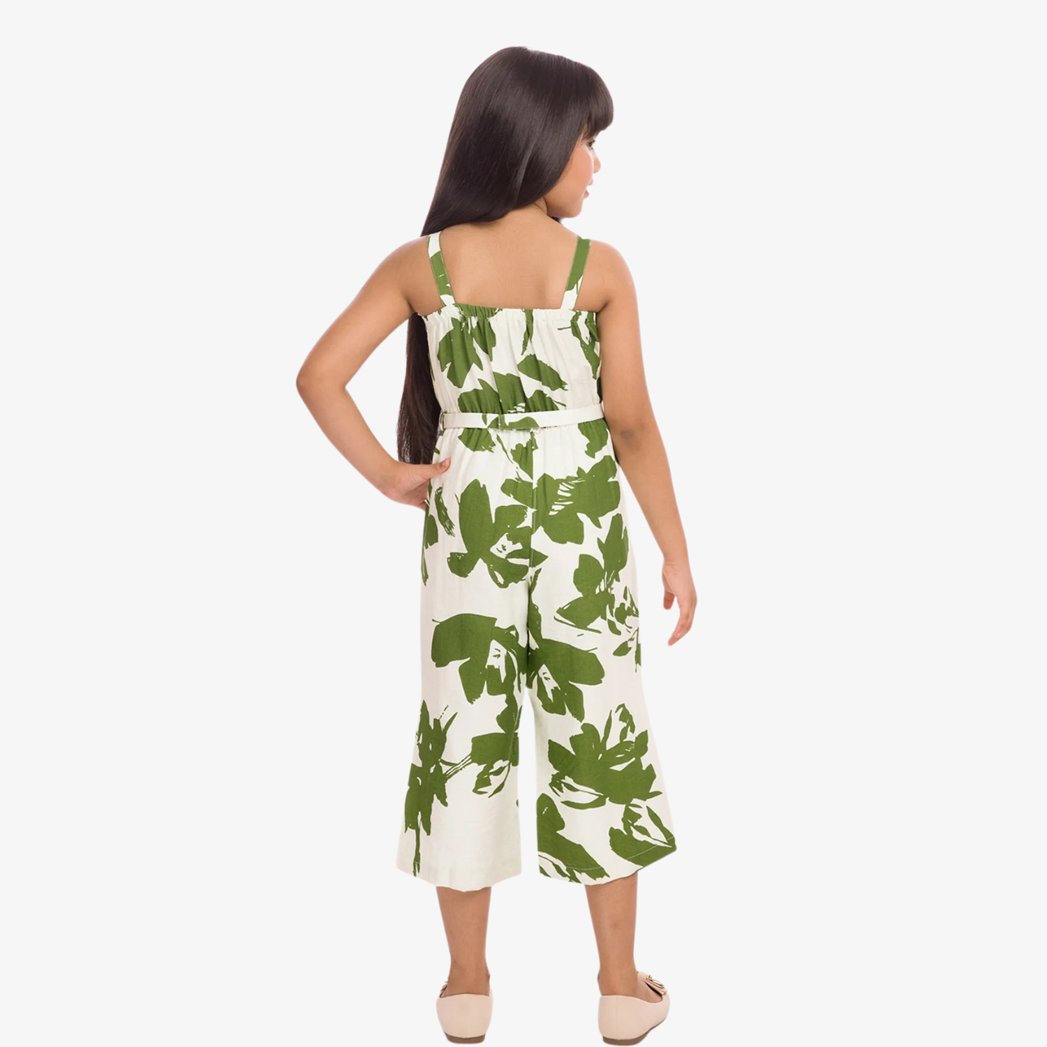 Tiny Baby Girls Green & White Leaf Print Shrug Top with Jumpsuit – Stylish Summer Outfit (4–12 Years)