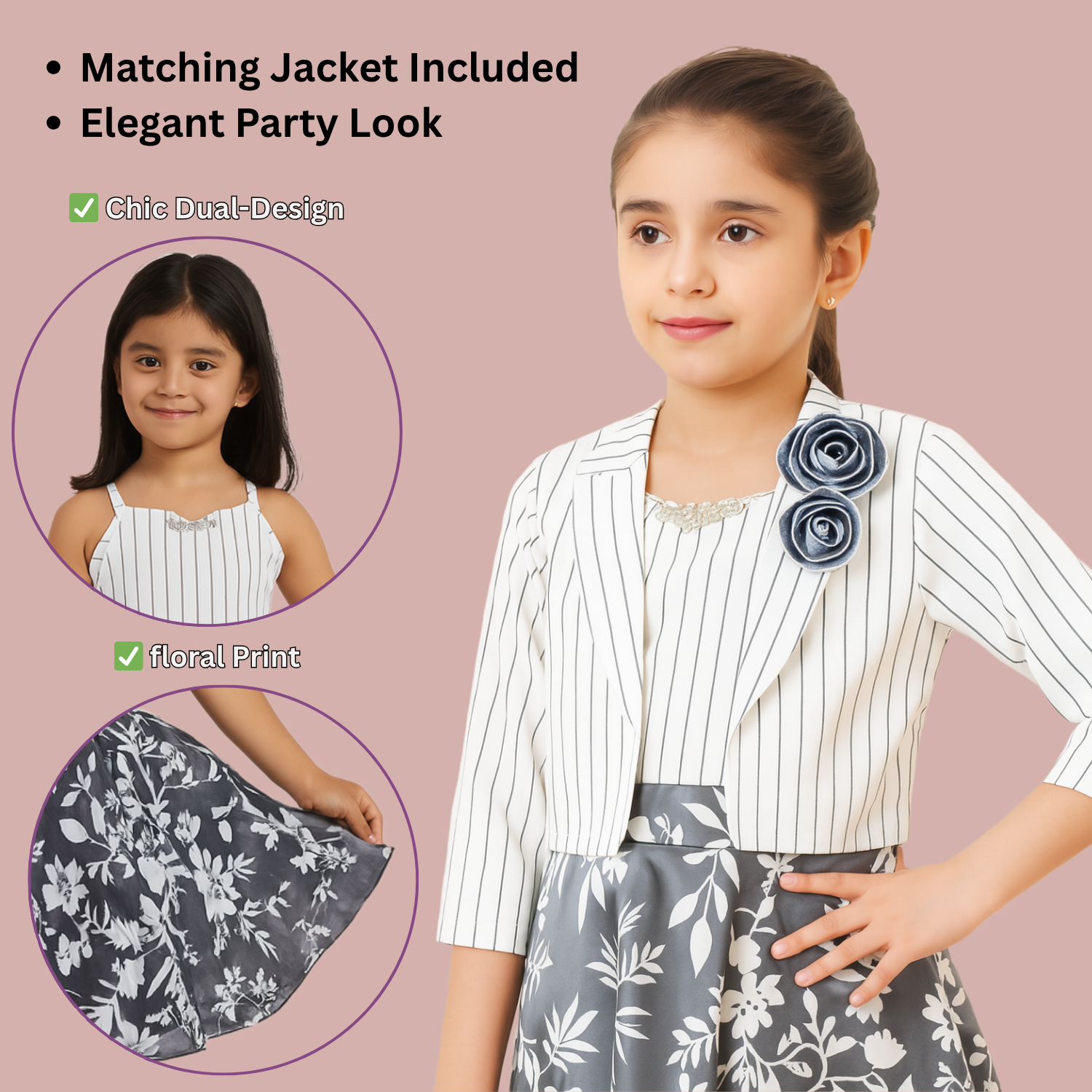 Tiny Baby Girls’ White Striped & Floral Party Dress with Jacket – Elegant Outfit for Ages 2–10 Years
