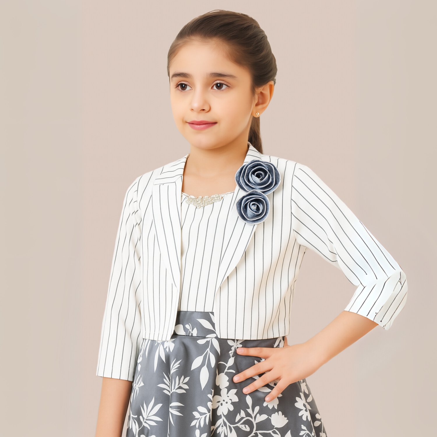 Tiny Baby Girls’ White Striped & Floral Party Dress with Jacket – Elegant Outfit for Ages 2–10 Years