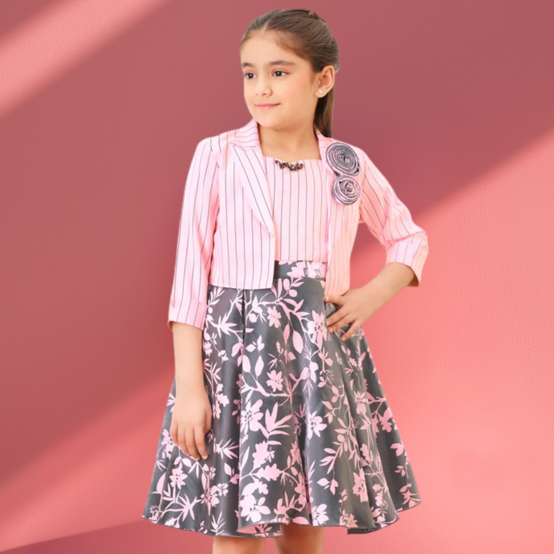 Tiny Baby Girls’ White & Pink Striped & Floral Party Dress with Jacket – Elegant Outfit for Ages 2–10 Years