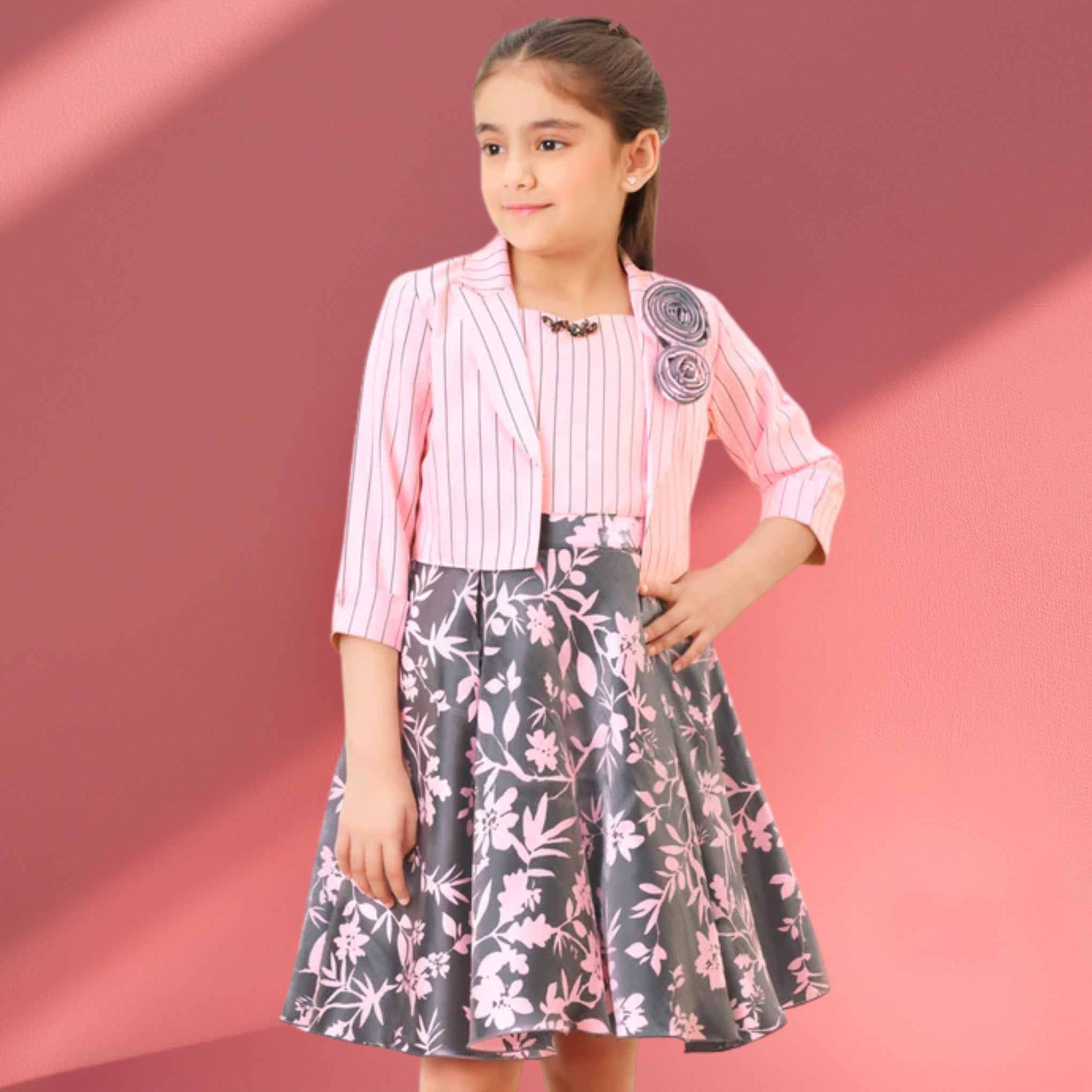 Tiny Baby Girls’ White & Pink Striped & Floral Party Dress with Jacket – Elegant Outfit for Ages 2–10 Years