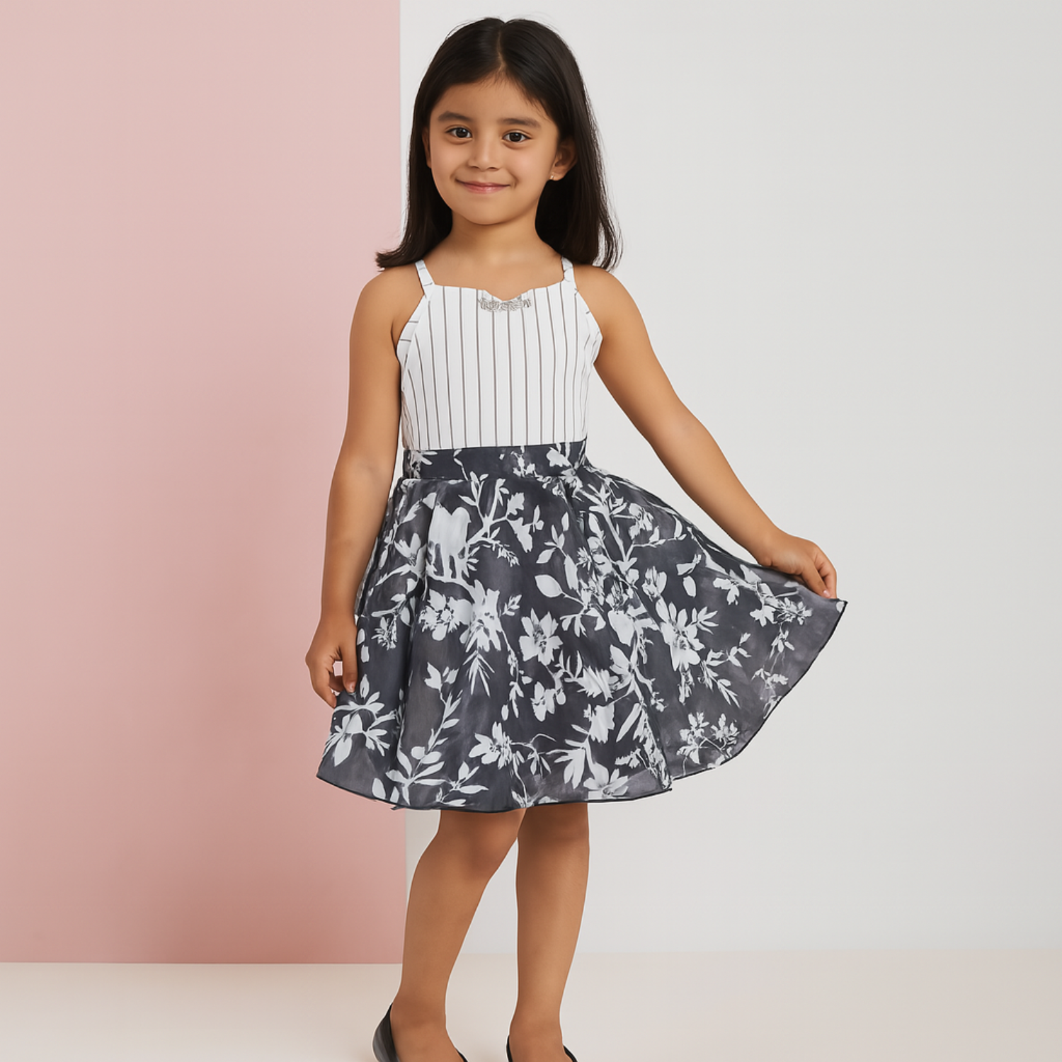 Tiny Baby Girls’ White Striped & Floral Party Dress with Jacket – Elegant Outfit for Ages 2–10 Years