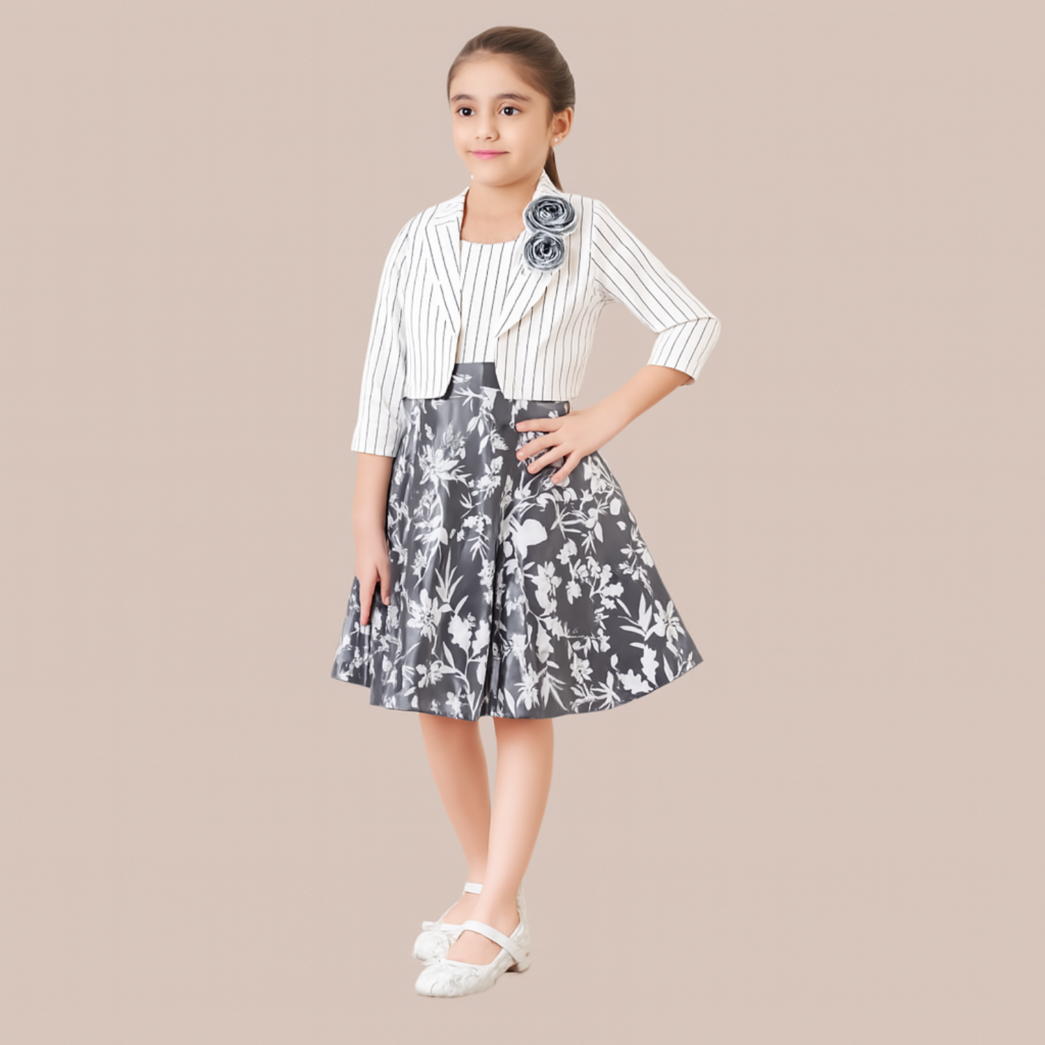 Tiny Baby Girls’ White Striped & Floral Party Dress with Jacket – Elegant Outfit for Ages 2–10 Years