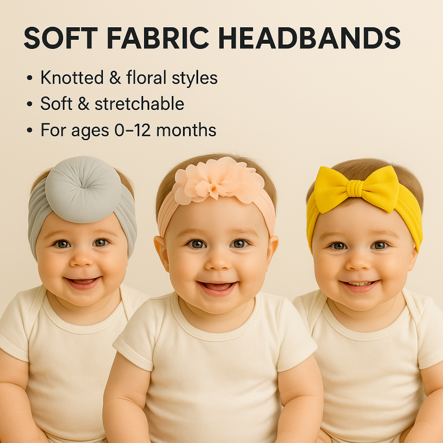 smile baby  Soft Fabric Headband Set – Pack of 3 |  Knotted, Bow, and Floral Designs | Newborn to 12 Months | 6 Variants