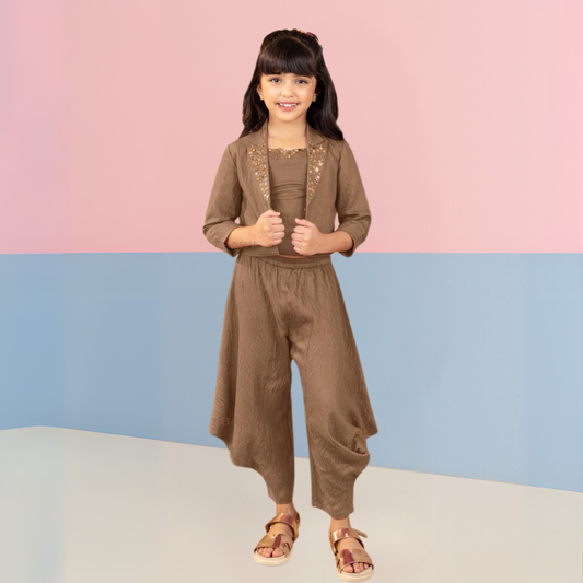 Tiny Baby Girls 3-Piece Brown Co-Ord Set – Stylish Top, Jacket & Dhoti Pants Outfit