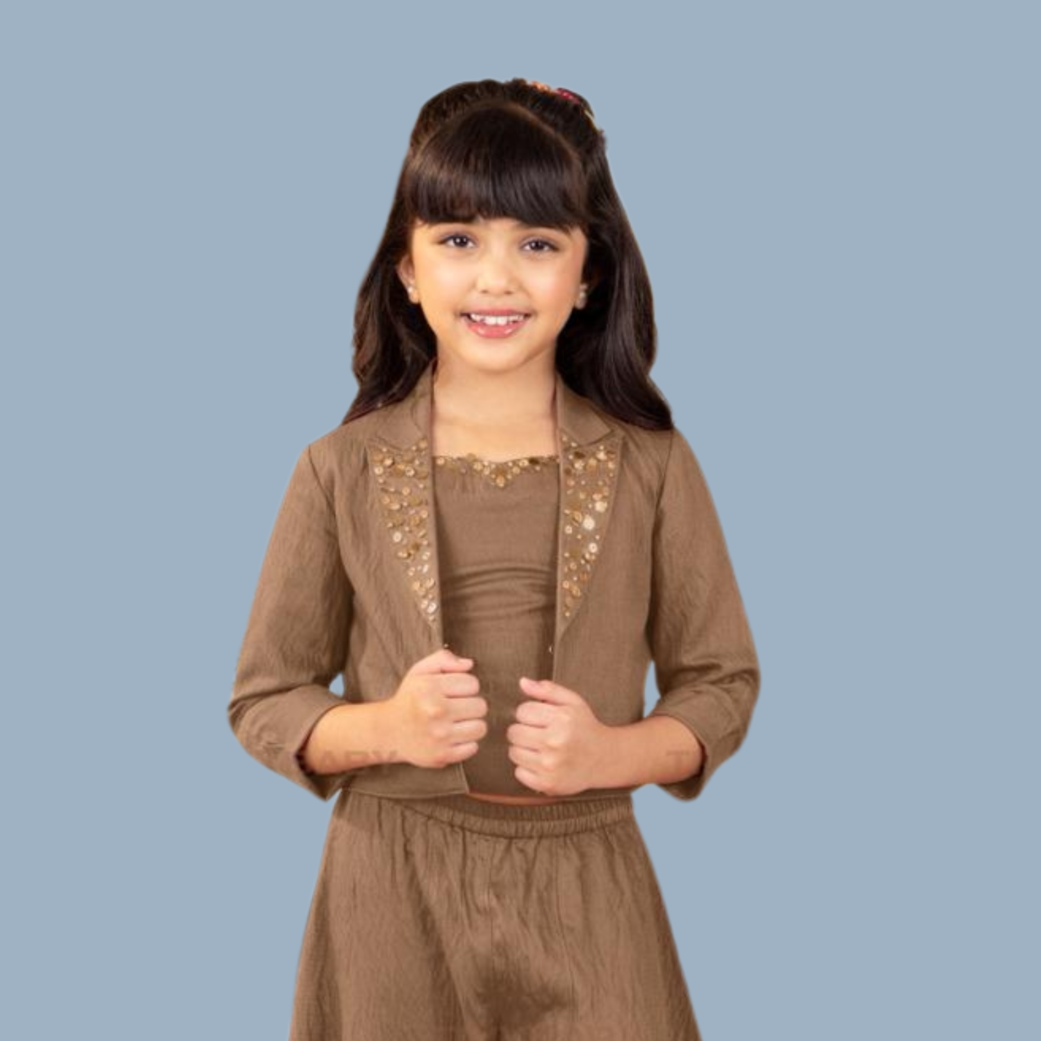 Tiny Baby Girls 3-Piece Brown Co-Ord Set – Stylish Top, Jacket & Dhoti Pants Outfit