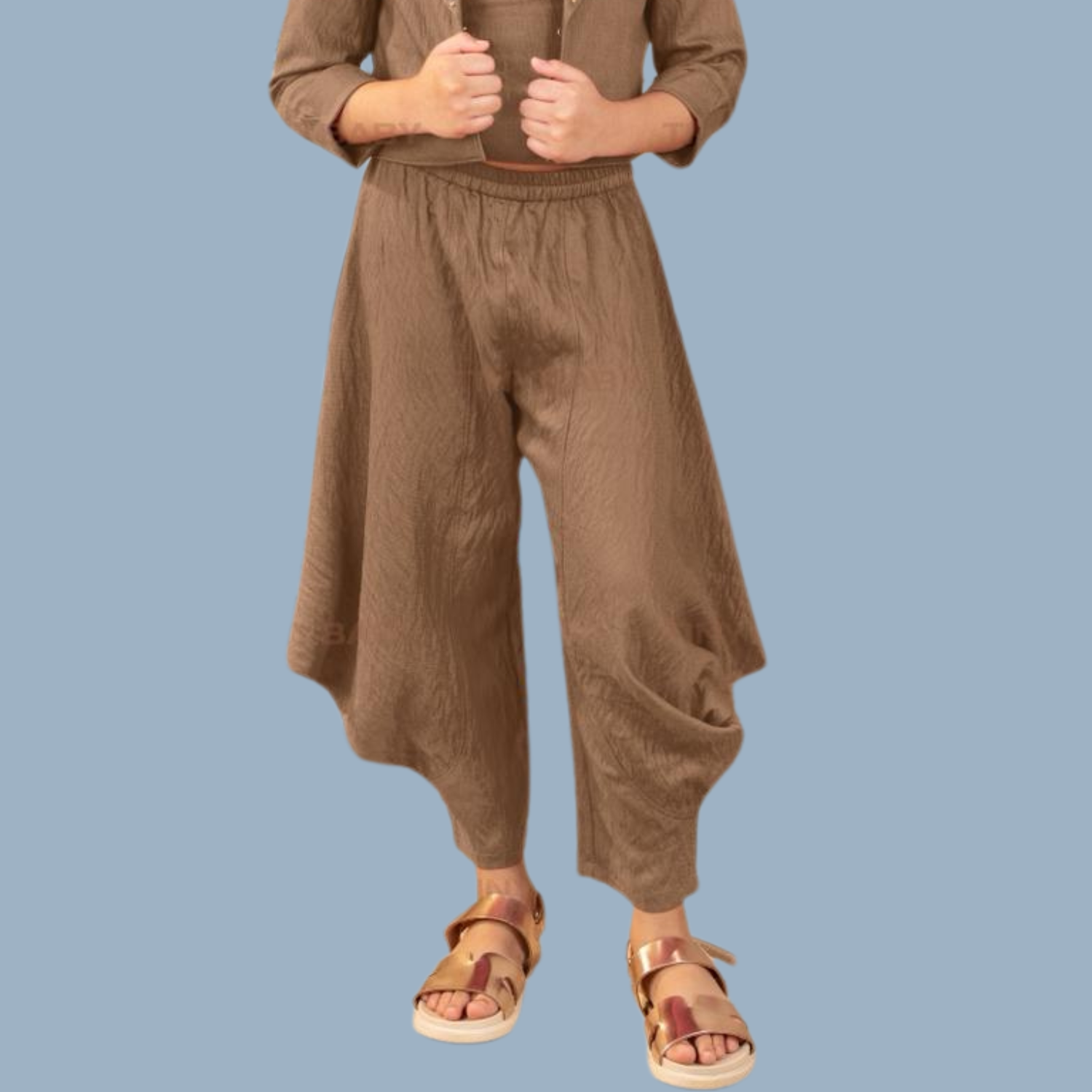 Tiny Baby Girls 3-Piece Brown Co-Ord Set – Stylish Top, Jacket & Dhoti Pants Outfit