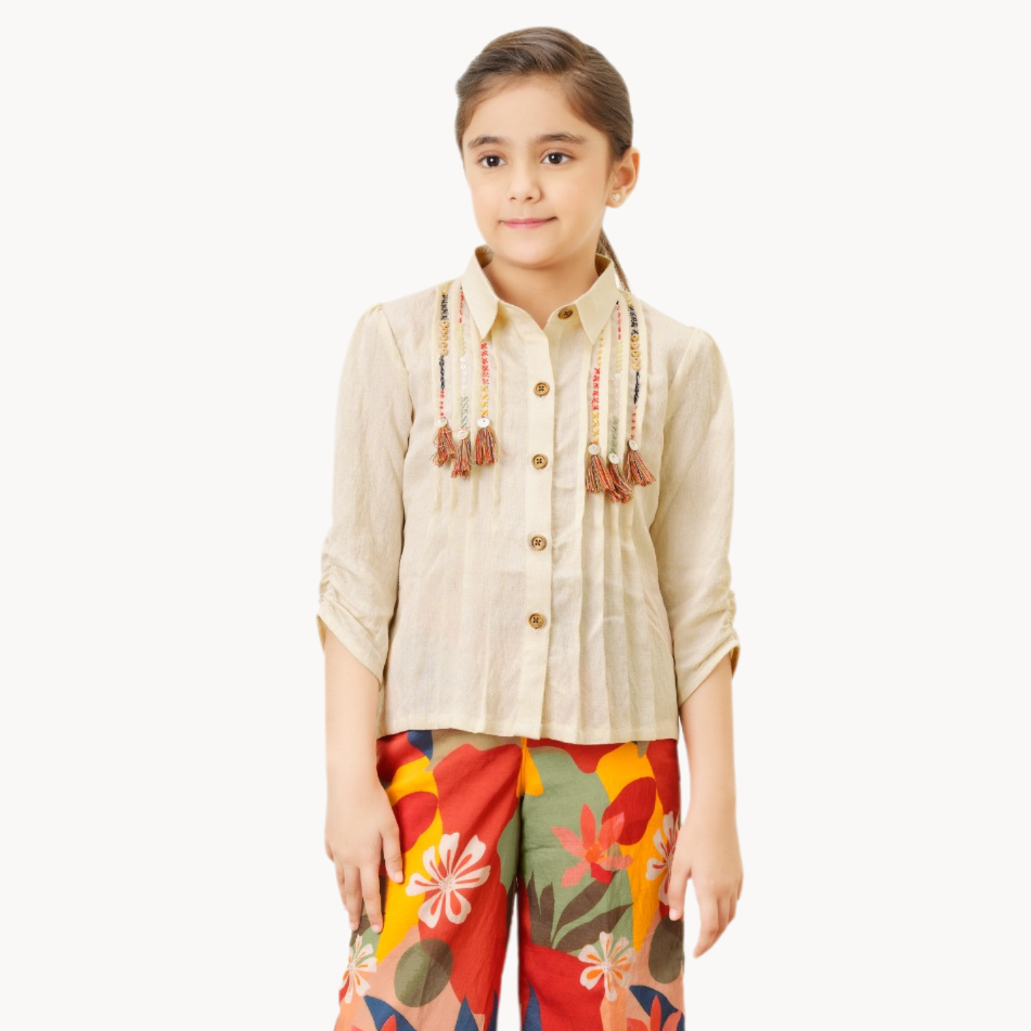 Tiny Baby Girls Beige Shirt & Multicolor Floral Palazzo Set – Trendy Festive & Party Wear Outfit (4–12 Years)
