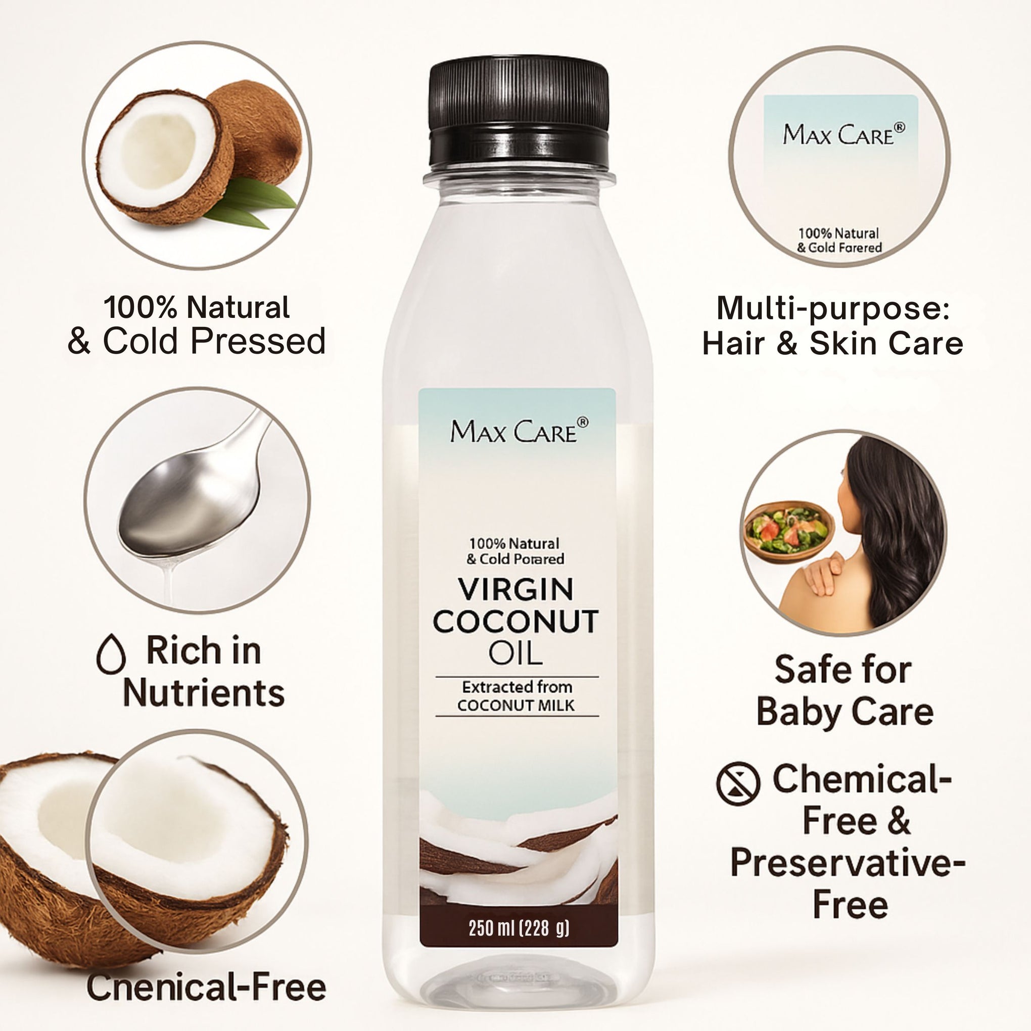 Max Care Virgin Coconut Oil – 100% Natural & Cold Pressed (Extracted from Coconut Milk) – 250ml