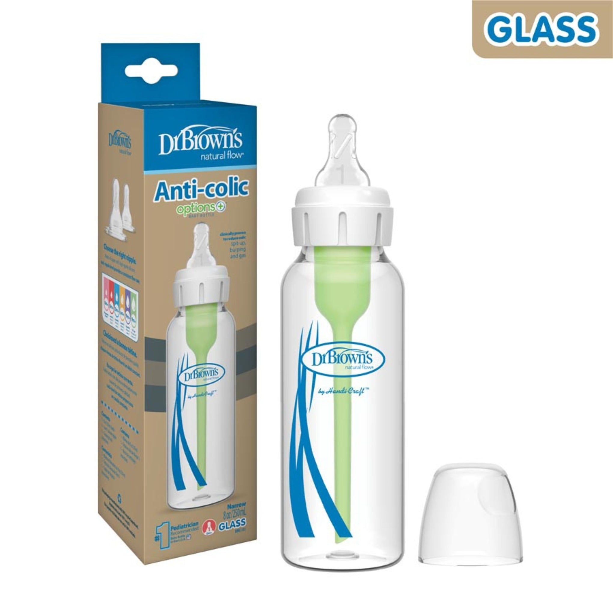 Dr. Brown’s Natural Flow Anti-Colic Glass Baby Bottle Set – 120ml & 250ml – Narrow Neck with Level 1 Nipple + Cleaning Brush – BPA-Free Newborn Feeding Bottles