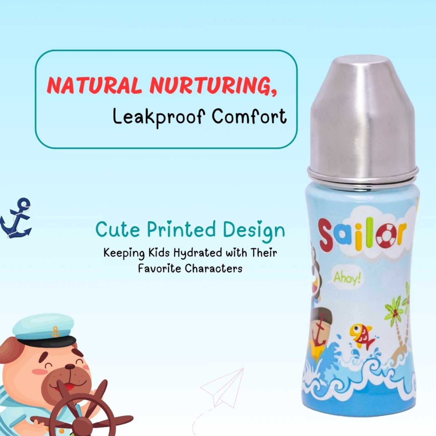 Adore® Sprint 250 ml Premium Anti-Colic Printed Stainless Steel Feeding Bottle | BPA-Free | Wide Mouth | Leakproof | Cute Cartoon Design