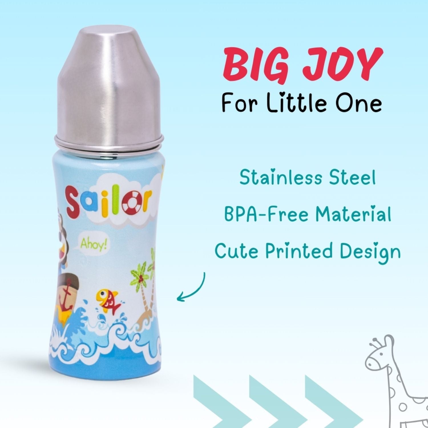 Adore® Sprint 250 ml Premium Anti-Colic Printed Stainless Steel Feeding Bottle | BPA-Free | Wide Mouth | Leakproof | Cute Cartoon Design