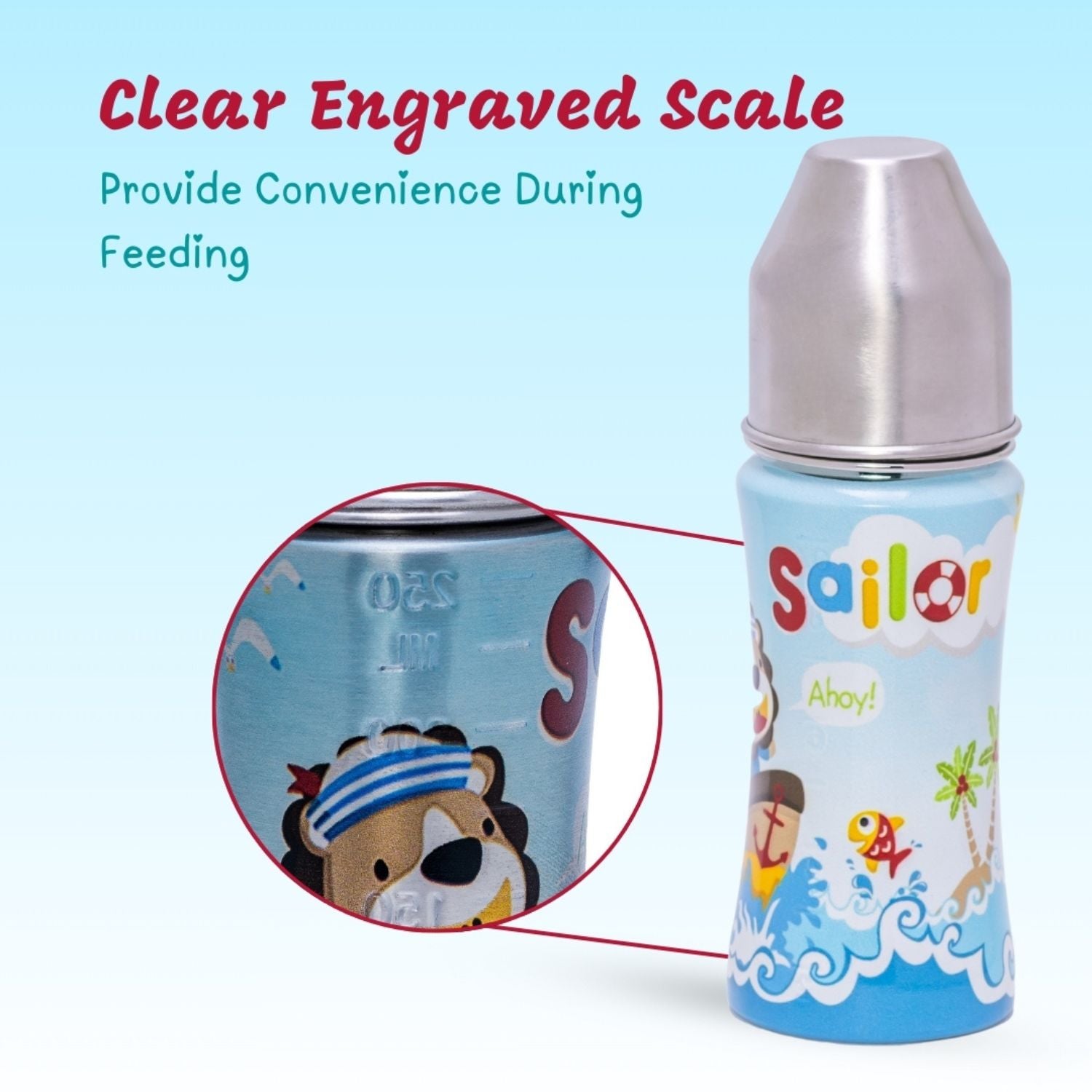 Adore® Sprint 250 ml Premium Anti-Colic Printed Stainless Steel Feeding Bottle | BPA-Free | Wide Mouth | Leakproof | Cute Cartoon Design