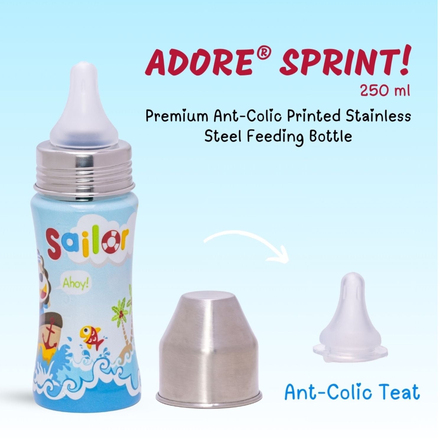 Adore® Sprint 250 ml Premium Anti-Colic Printed Stainless Steel Feeding Bottle | BPA-Free | Wide Mouth | Leakproof | Cute Cartoon Design