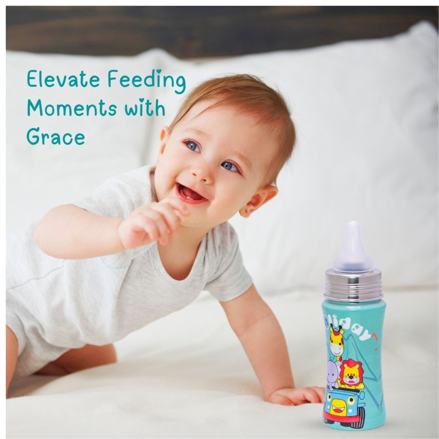 Adore® Sprint 250 ml Premium Stainless Steel Feeding Bottle | BPA-Free | Anti-Colic Teat | Leakproof | Cute Animal Print Baby Bottle