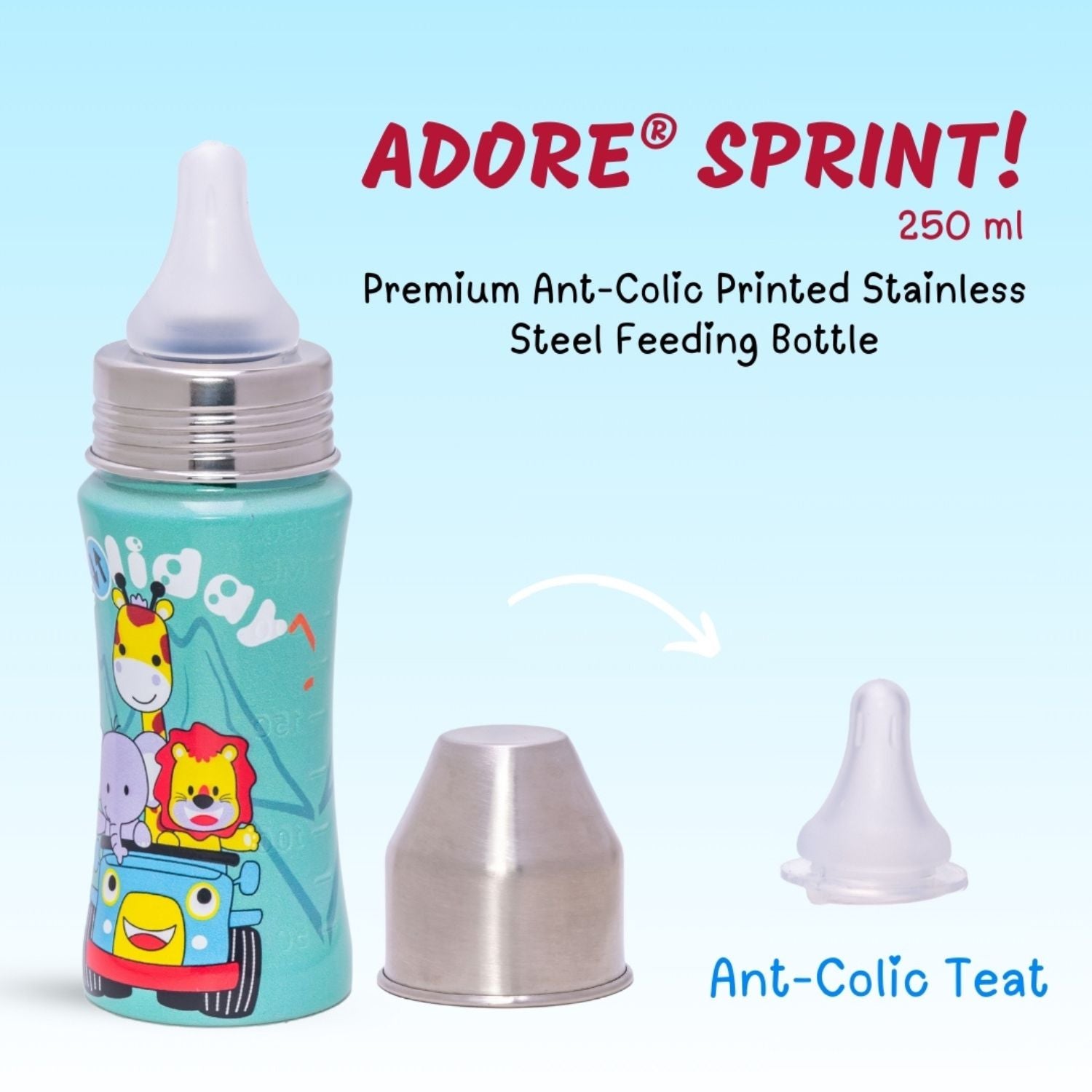 Adore® Sprint 250 ml Premium Stainless Steel Feeding Bottle | BPA-Free | Anti-Colic Teat | Leakproof | Cute Animal Print Baby Bottle