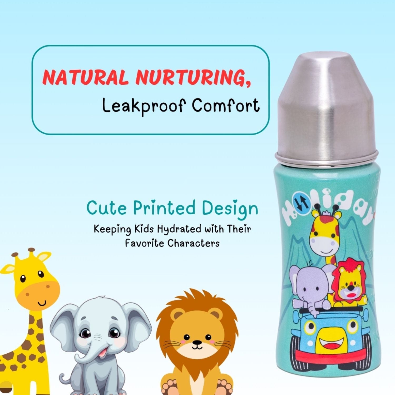 Adore® Sprint 250 ml Premium Stainless Steel Feeding Bottle | BPA-Free | Anti-Colic Teat | Leakproof | Cute Animal Print Baby Bottle