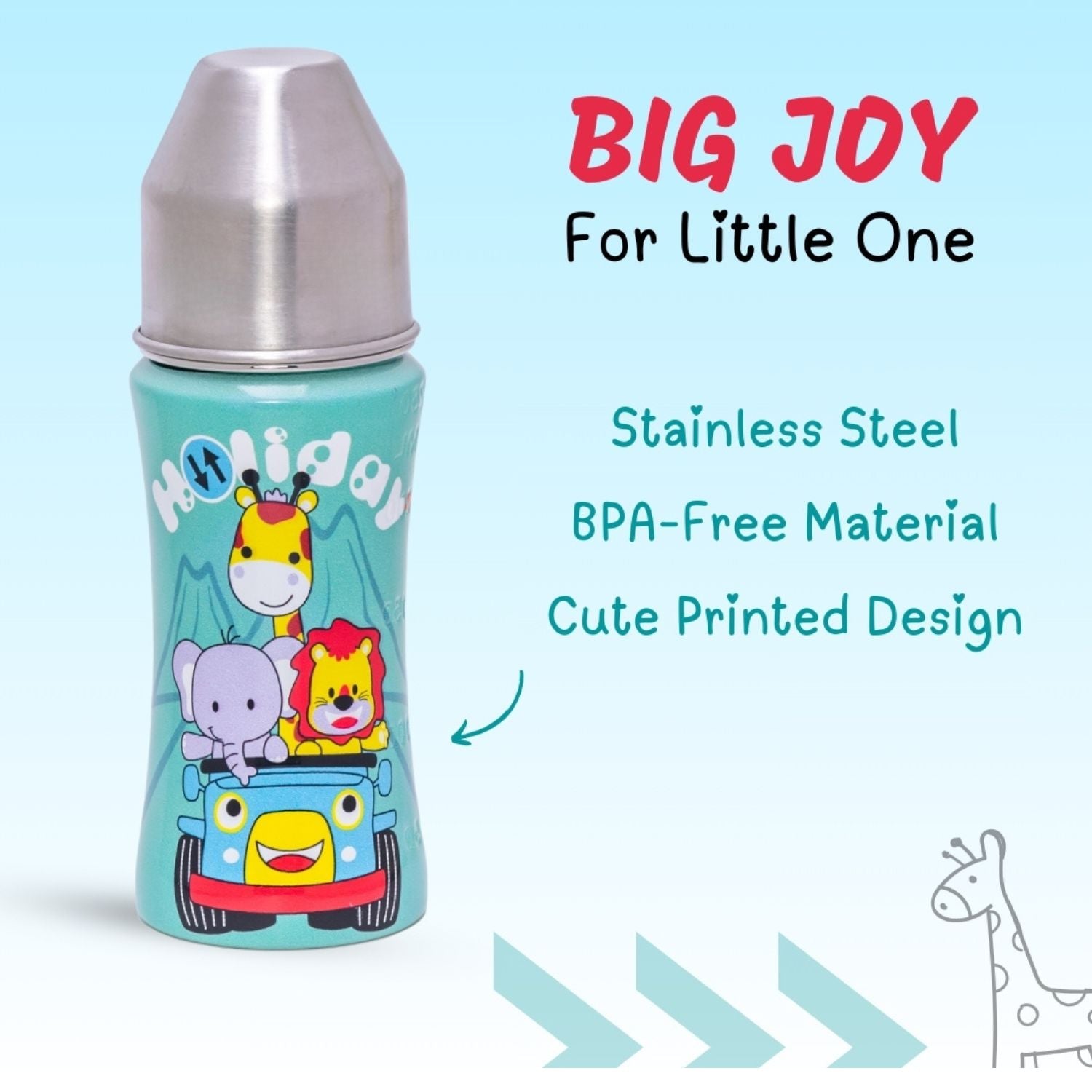 Adore® Sprint 250 ml Premium Stainless Steel Feeding Bottle | BPA-Free | Anti-Colic Teat | Leakproof | Cute Animal Print Baby Bottle