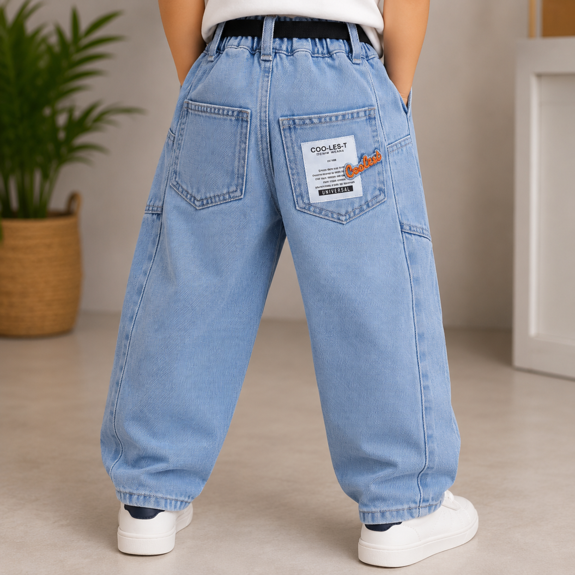 COOLEST Boys Denim Jeans | Relaxed Fit Cotton Blend Casual Pants with Elastic Waist & Belt | Light & Dark Wash | 5–14+ Years