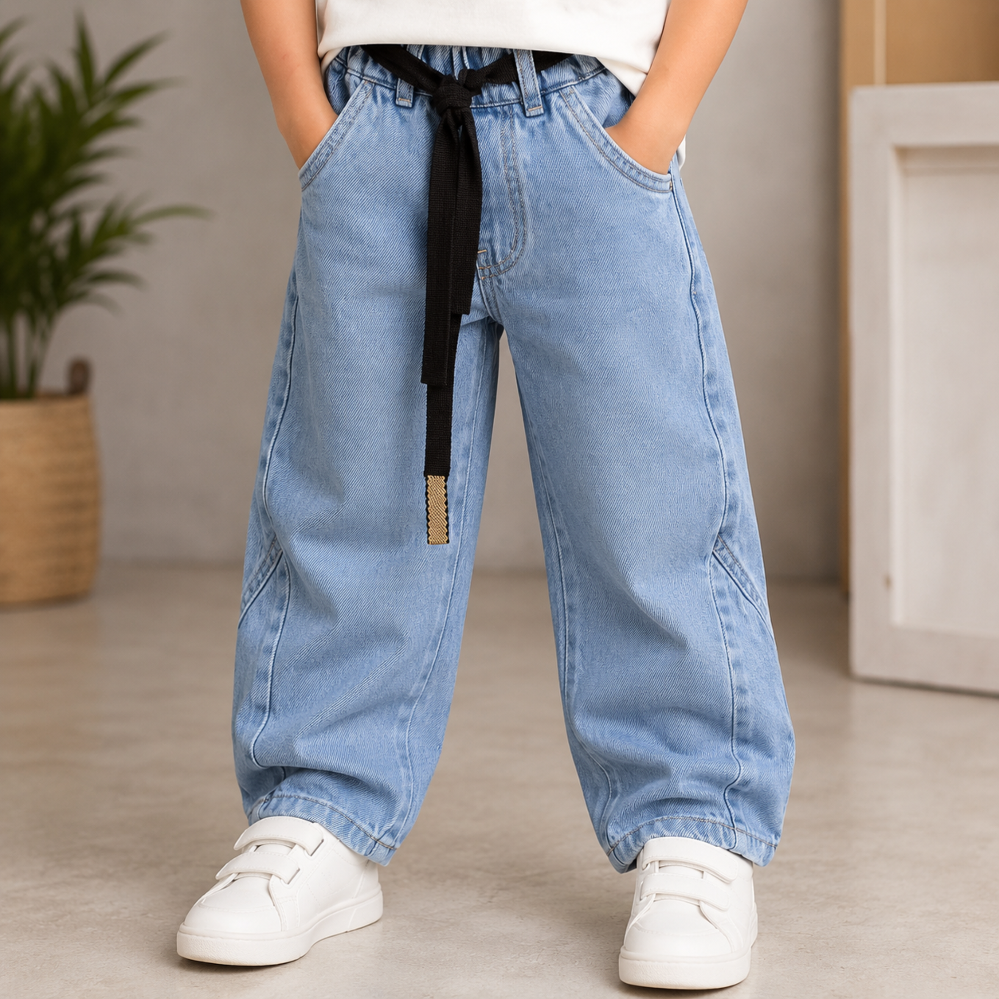 COOLEST Boys Denim Jeans | Relaxed Fit Cotton Blend Casual Pants with Elastic Waist & Belt | Light & Dark Wash | 5–14+ Years