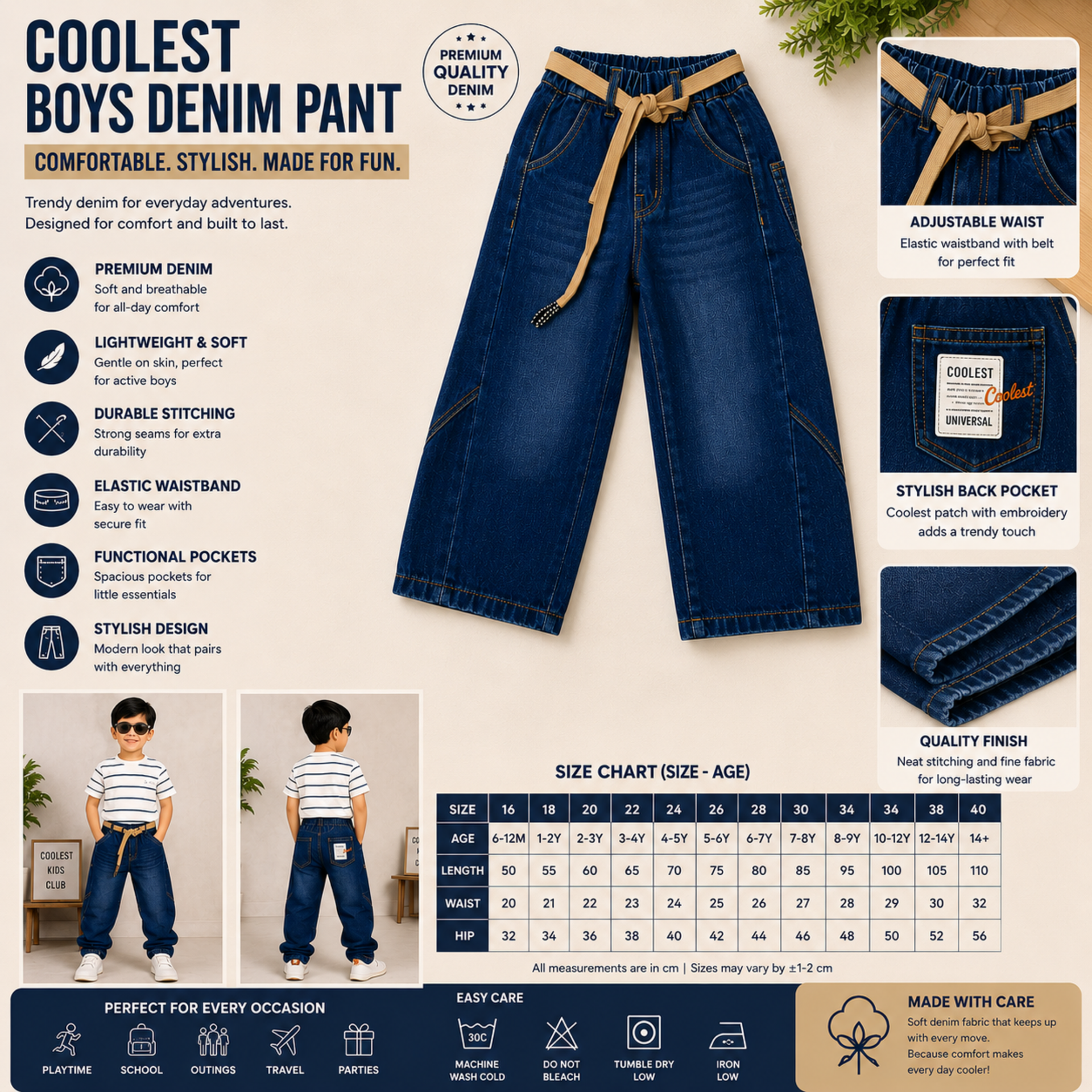 COOLEST Boys Denim Jeans | Relaxed Fit Cotton Blend Casual Pants with Elastic Waist & Belt | Light & Dark Wash | 5–14+ Years