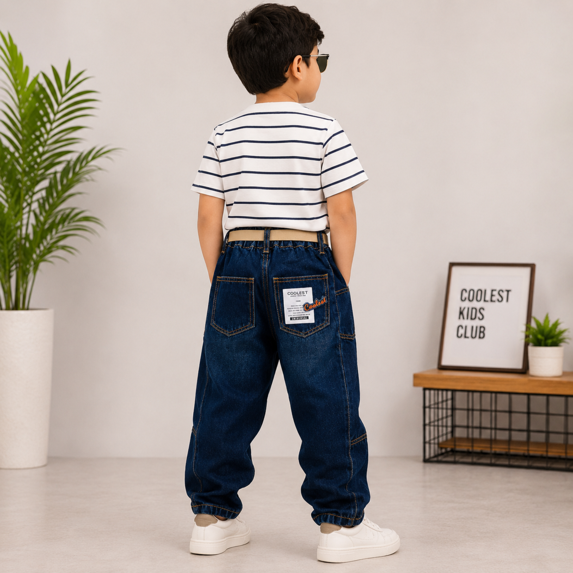 COOLEST Boys Denim Jeans | Relaxed Fit Cotton Blend Casual Pants with Elastic Waist & Belt | Light & Dark Wash | 5–14+ Years