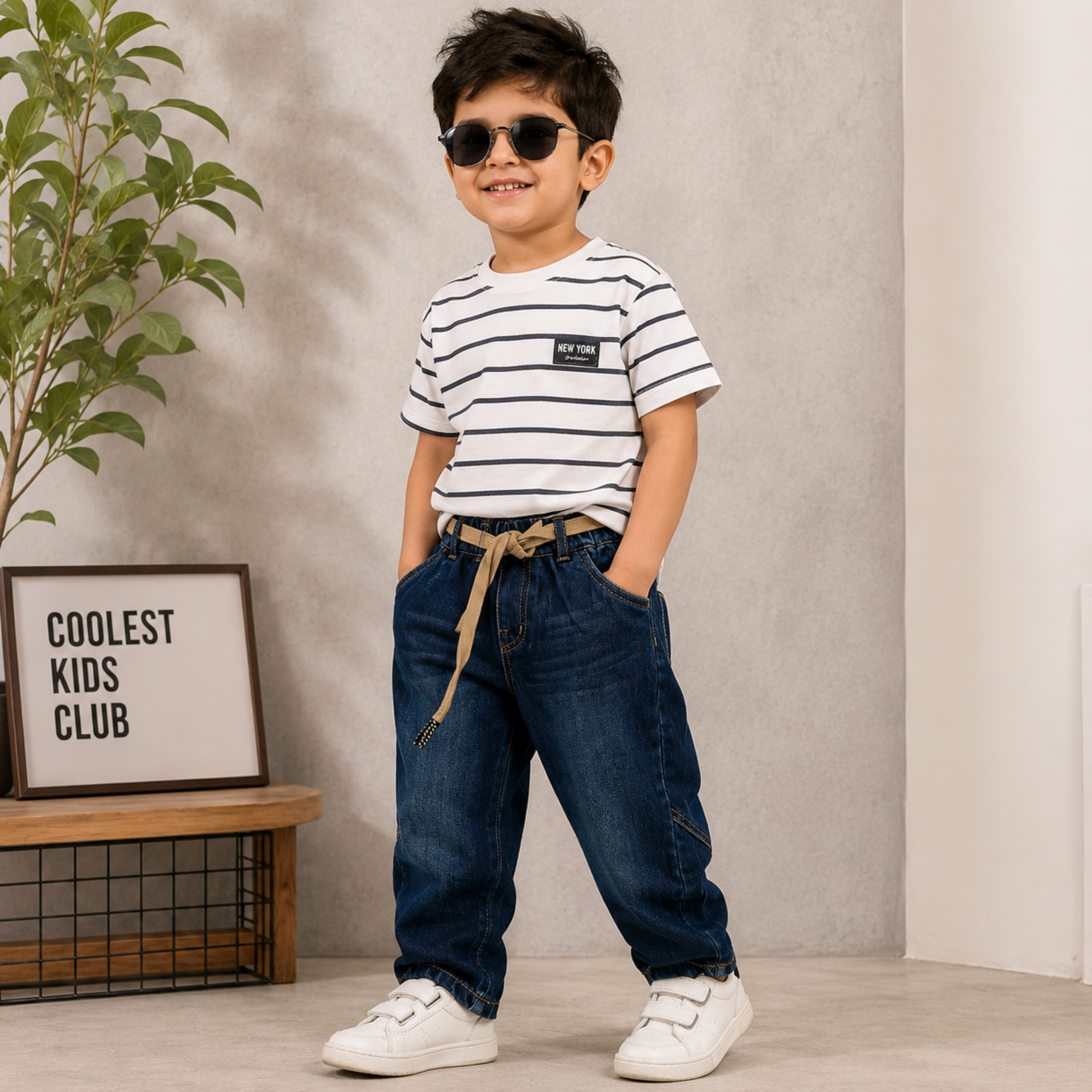 COOLEST Boys Denim Jeans | Relaxed Fit Cotton Blend Casual Pants with Elastic Waist & Belt | Light & Dark Wash | 5–14+ Years
