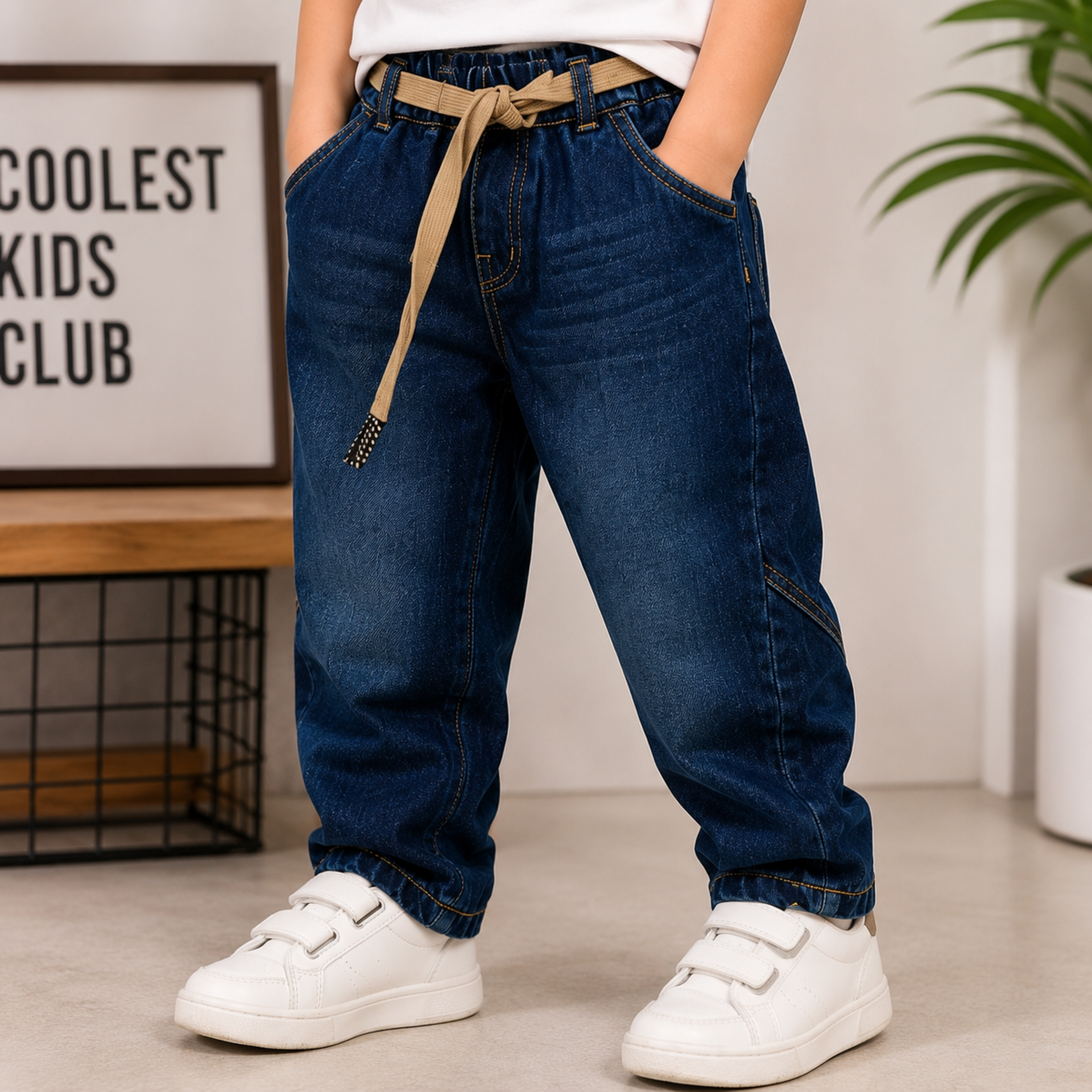 COOLEST Boys Denim Jeans | Relaxed Fit Cotton Blend Casual Pants with Elastic Waist & Belt | Light & Dark Wash | 5–14+ Years