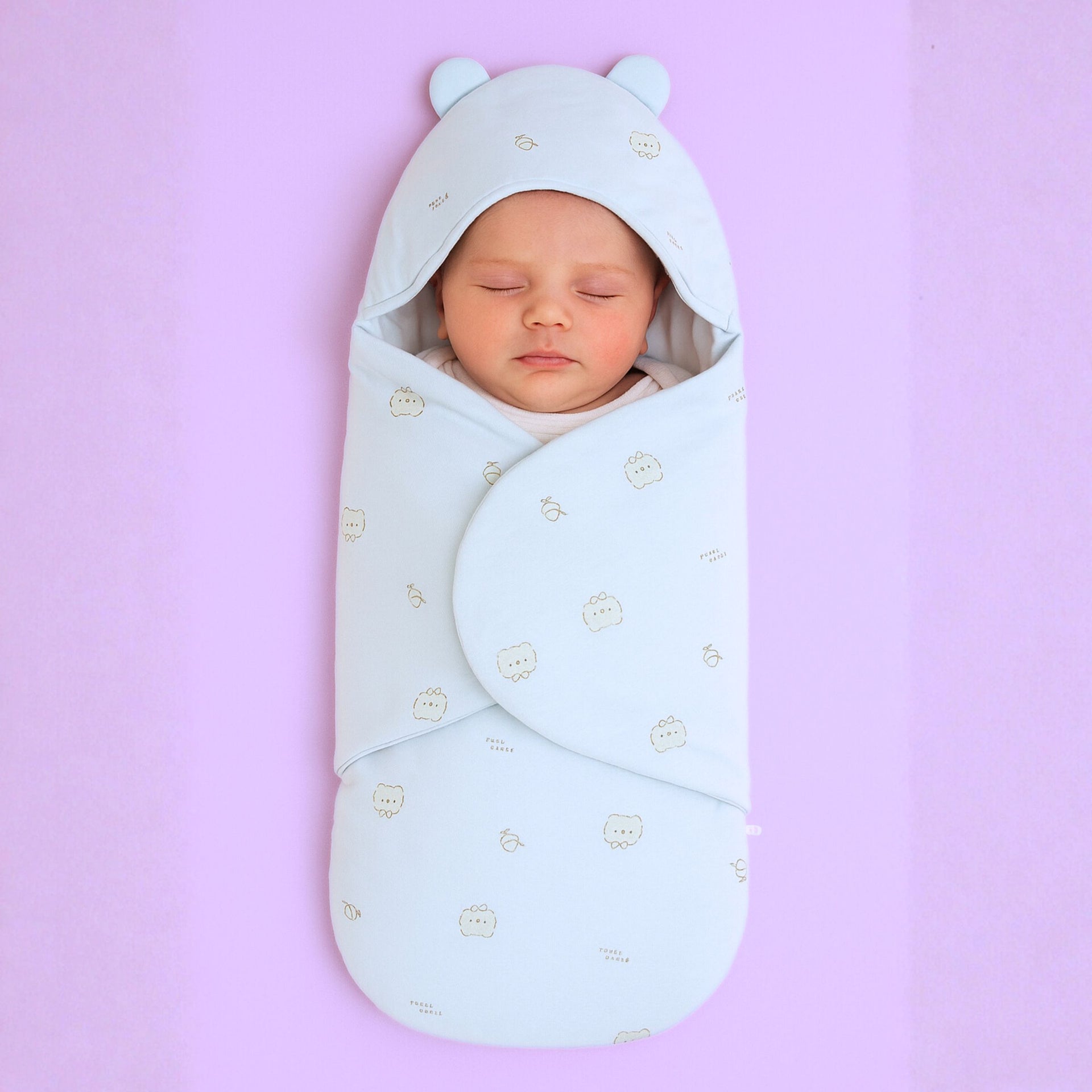 Smile Baby Soft Cotton Baby Swaddle Wrap with Hood & Zip | Newborn Sleeping Bag for 0–6 Months | Light Blue Cute Bear Print