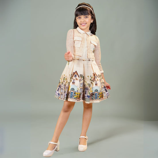 Tiny Baby Cream Full Sleeves Koti with Flared House & Floral Printed Frock – Girls Party Wear Dress (Age 4–12 Years)