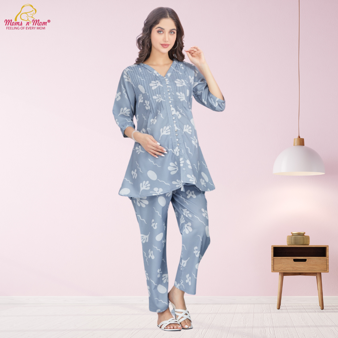 Moms N Mom Cotton Maternity Night Suit | Vertical Opening Hidden Zipper | Fashionable Maternity &amp; Feeding Dress (Blue)