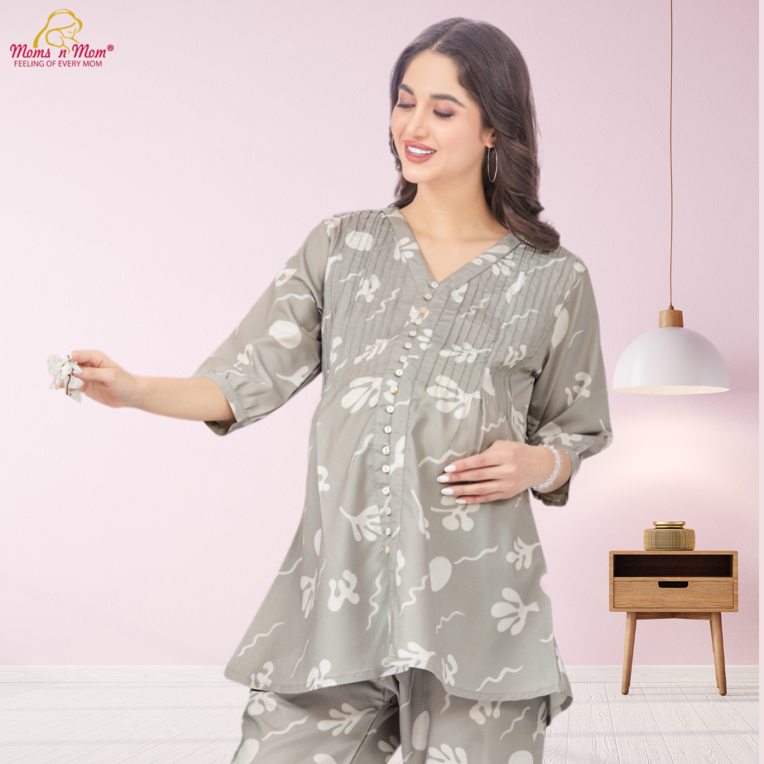 Moms N Mom Cotton Maternity Night Suit | Vertical Opening Hidden Zipper | Fashionable Maternity &amp; Feeding Dress (Green)