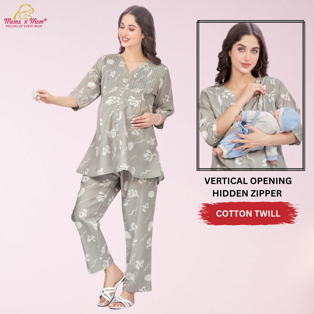 Moms N Mom Cotton Maternity Night Suit | Vertical Opening Hidden Zipper | Fashionable Maternity &amp; Feeding Dress (Green)