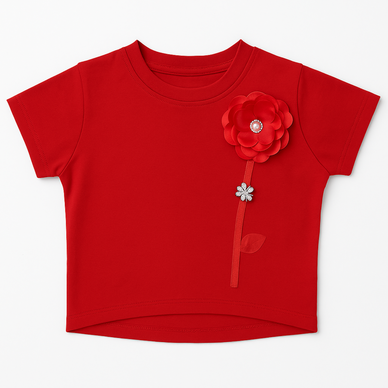 Girls' Elegant Floral Appliqué Crop Top – Red & Black | Reverse Xtreme | Age 1–12 Years