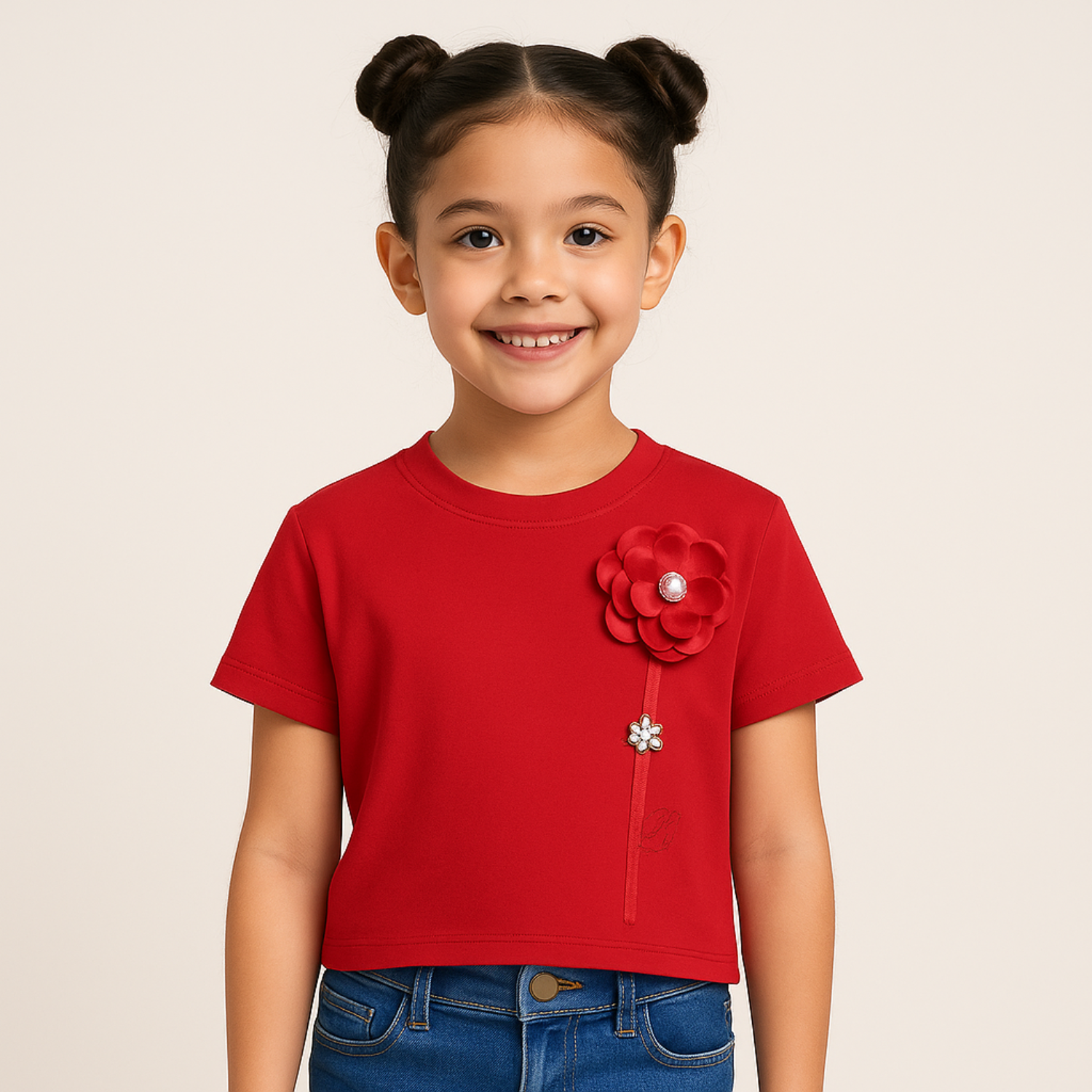 Girls' Elegant Floral Appliqué Crop Top – Red & Black | Reverse Xtreme | Age 1–12 Years