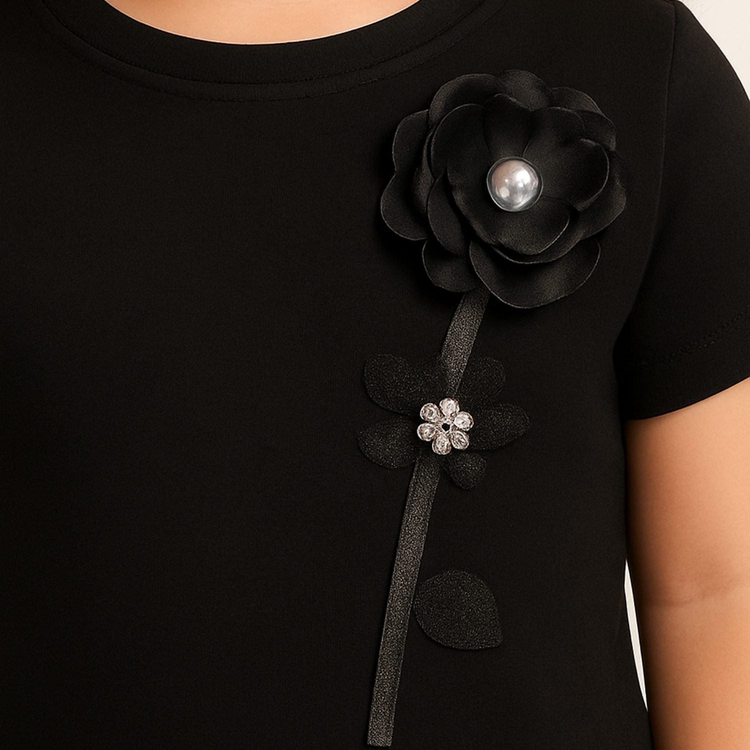 Girls' Elegant Floral Appliqué Crop Top – Red & Black | Reverse Xtreme | Age 1–12 Years